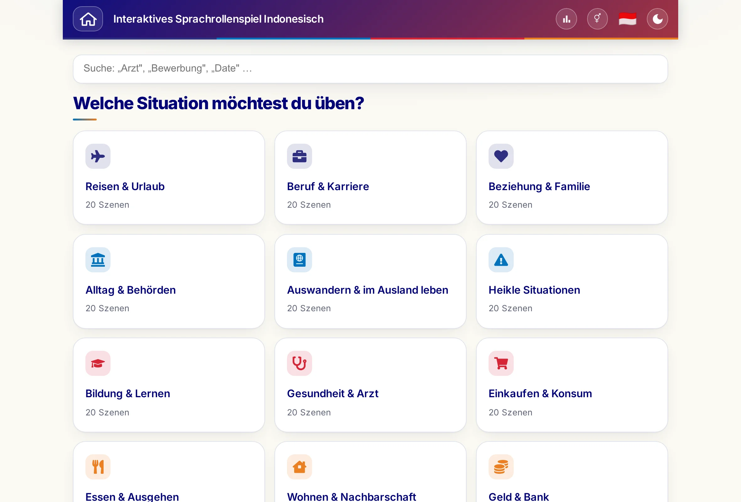 Die Rollenspiele mit Suchfeld und den 15 Themenwelten.