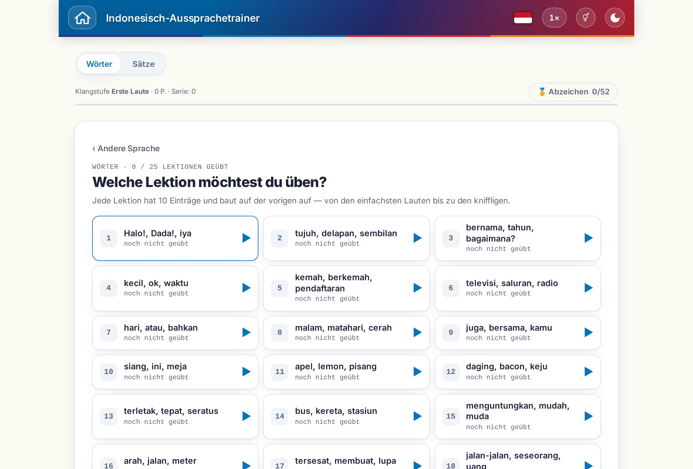 Der Aussprachetrainer mit Umschalter zwischen W&ouml;rtern und S&auml;tzen, Punktestand und Abzeichen.