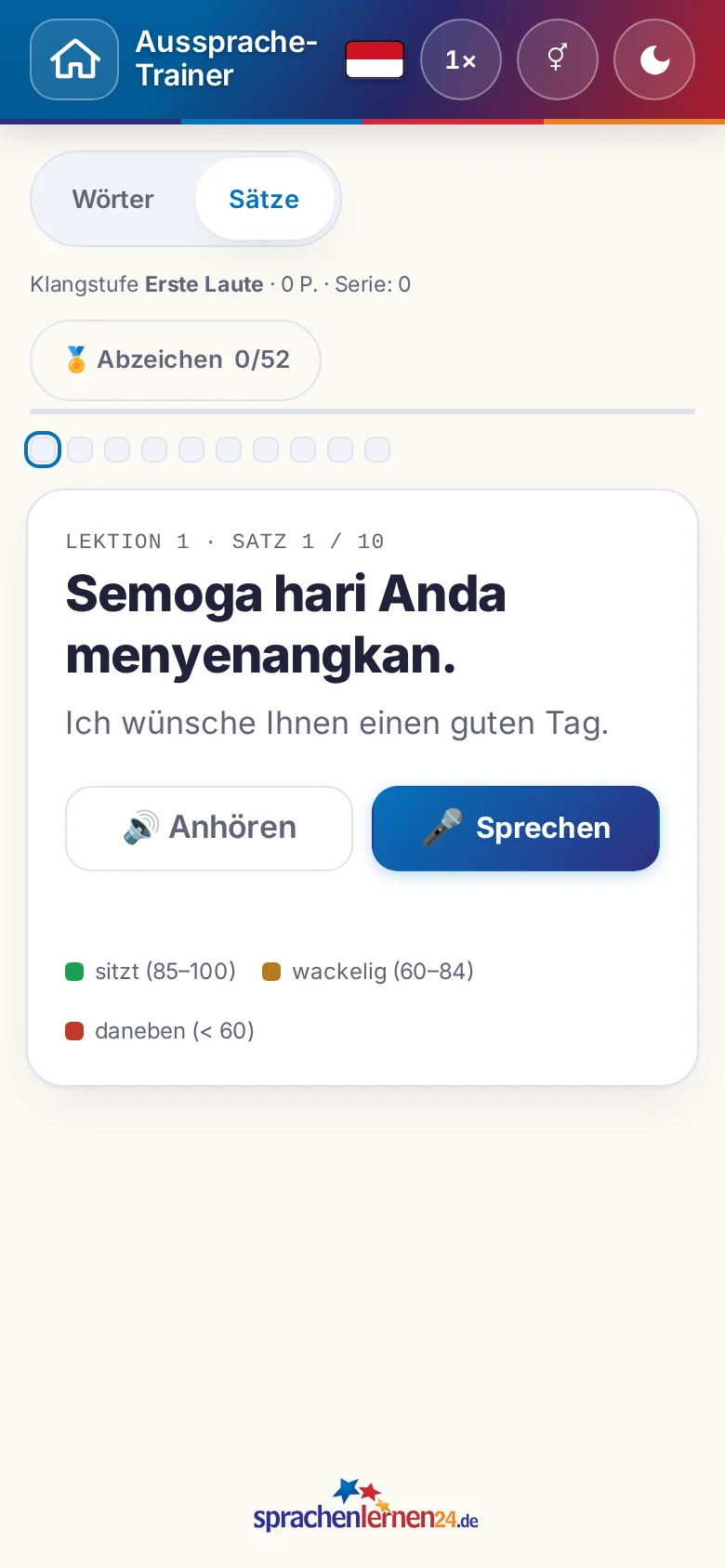 Handy: eine gestartete Aussprache-Übung mit Zielsatz und Bewertungslegende.