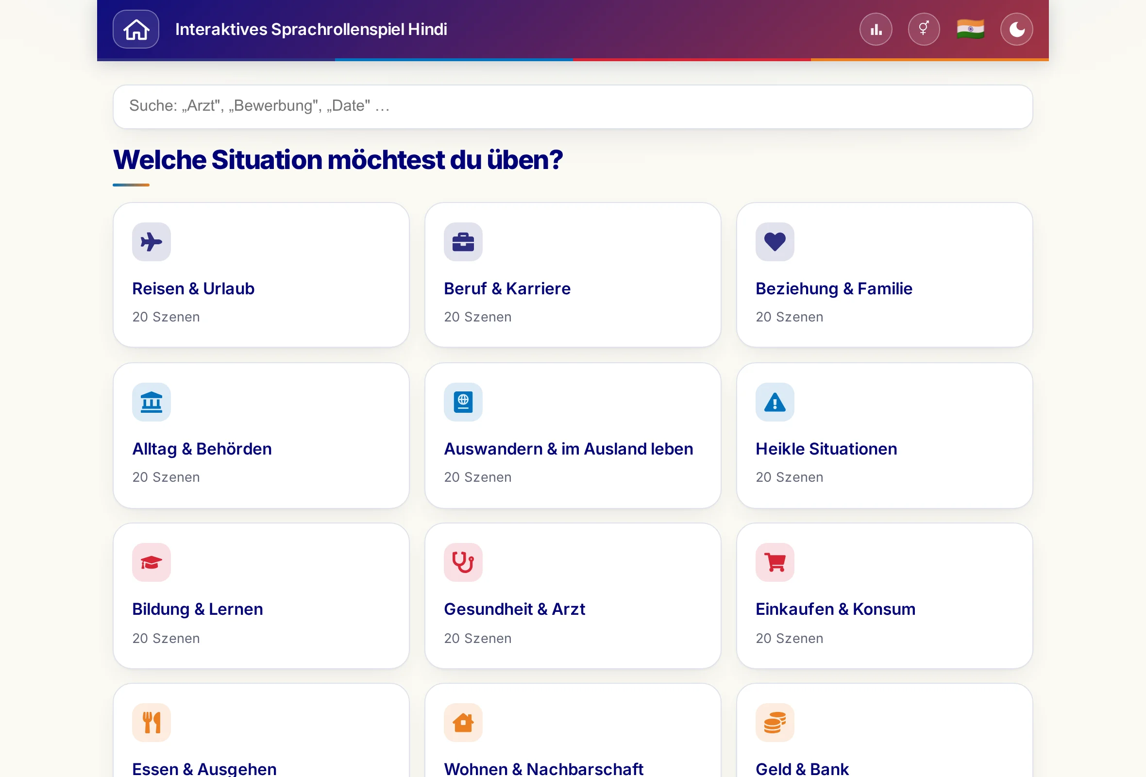 Die Rollenspiele mit Suchfeld und den 15 Themenwelten.