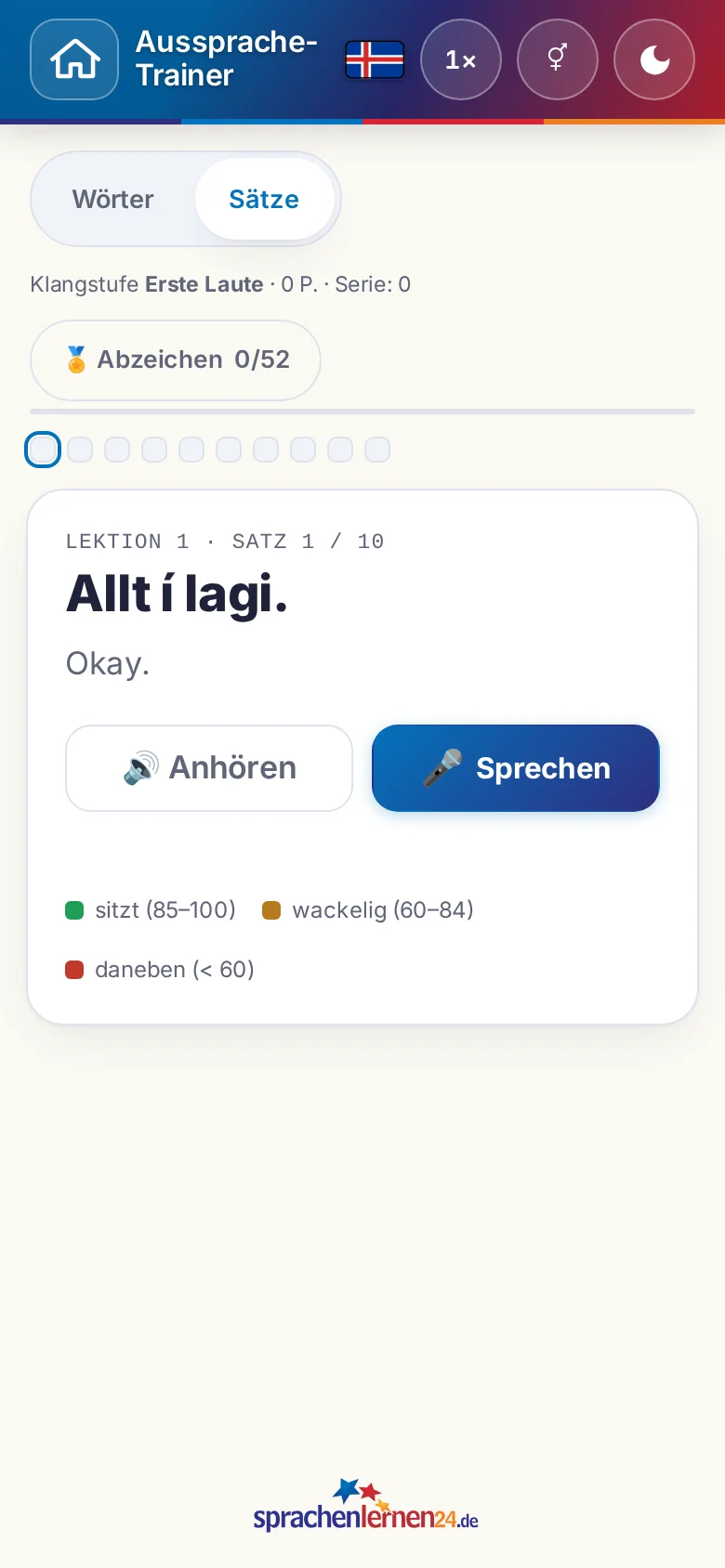 Handy: eine gestartete Aussprache-&Uuml;bung mit Zielsatz und Bewertungslegende.