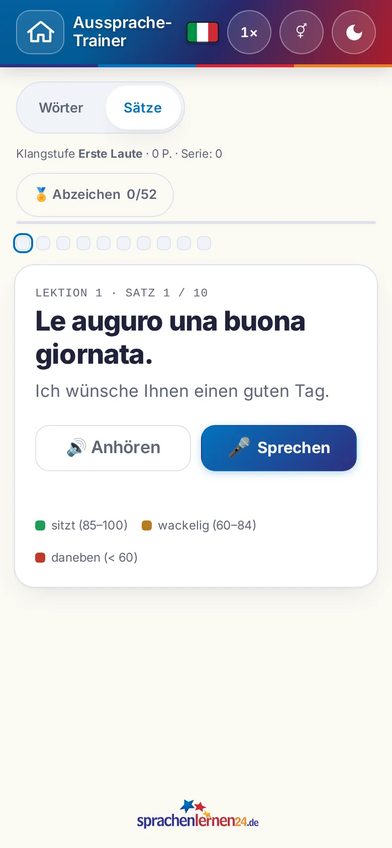 Handy: eine gestartete Aussprache-&Uuml;bung mit Zielsatz und Bewertungslegende.