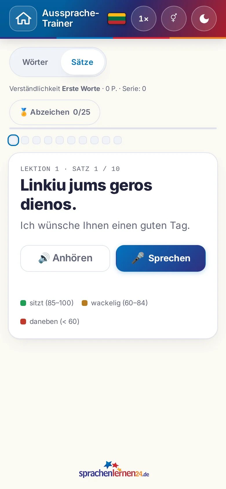 Handy: eine gestartete Aussprache-Übung mit Zielsatz und Bewertungslegende.