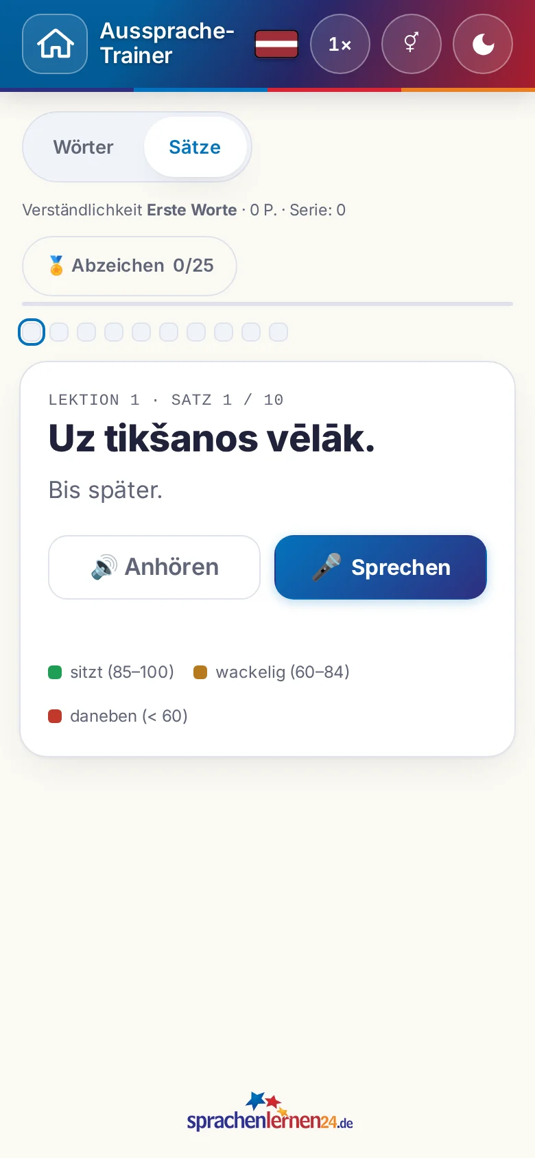 Handy: eine gestartete Aussprache-Übung mit Zielsatz und Bewertungslegende.