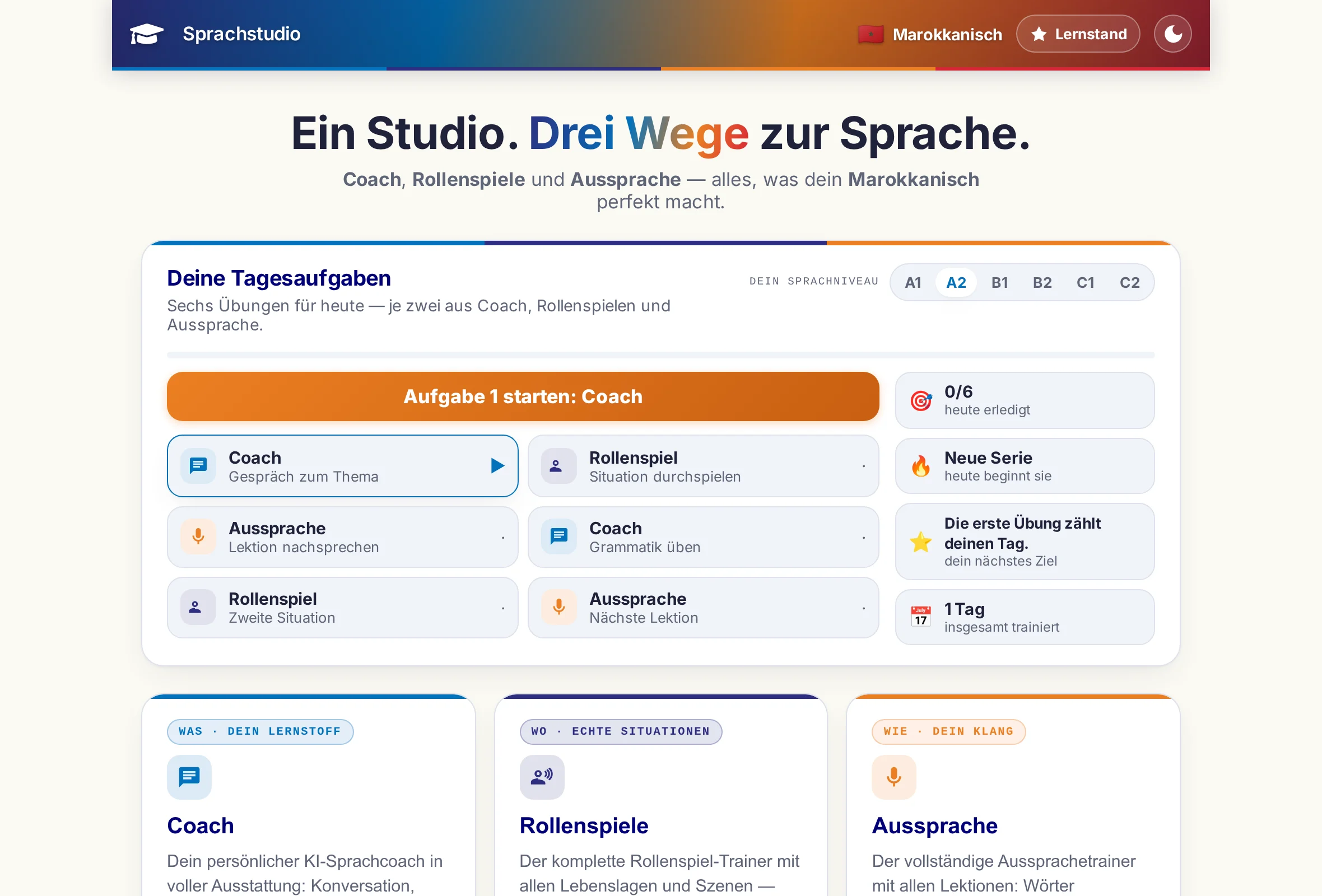 Die Startseite des Sprachstudios: die drei Programme als Kacheln und darüber die sechs Übungen der Tagesaufgabe.