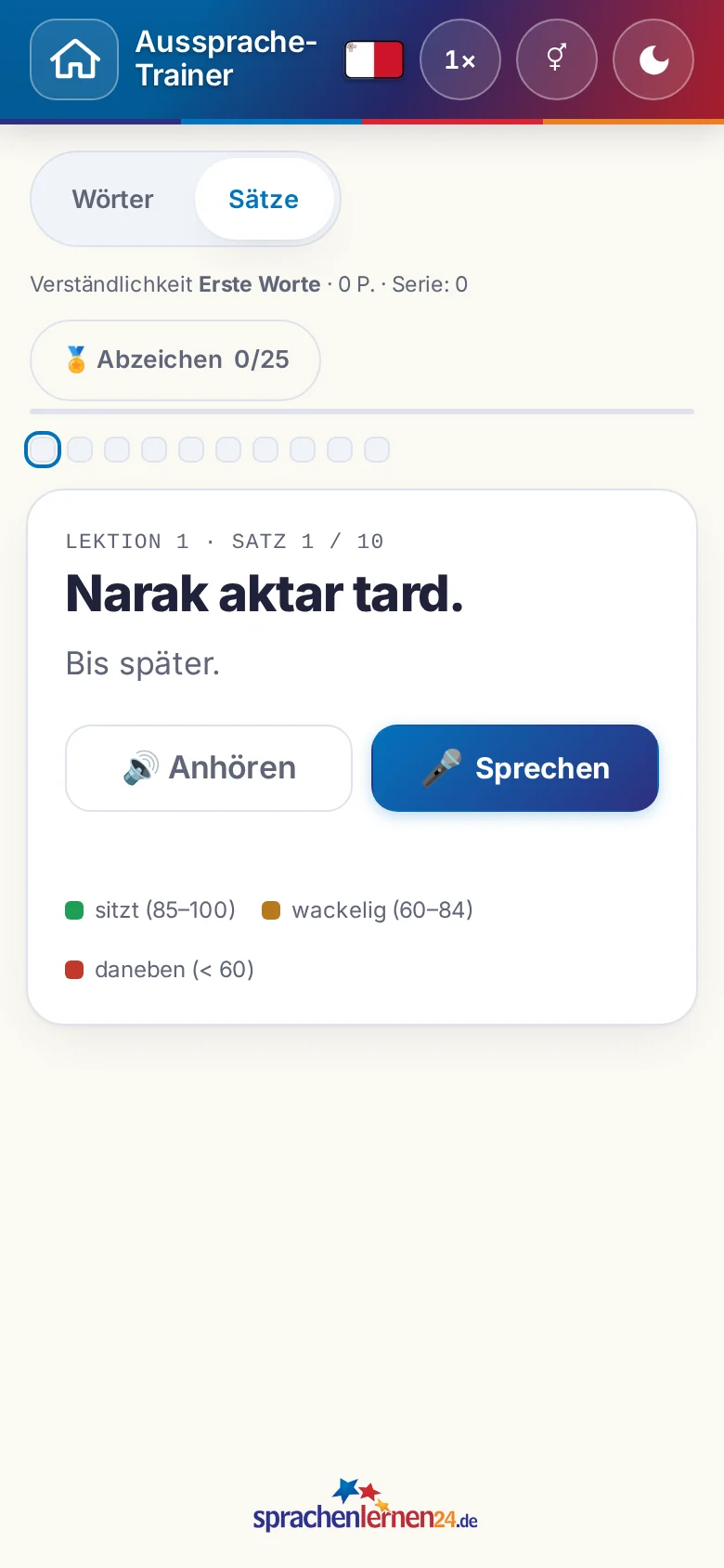 Handy: eine gestartete Aussprache-Übung mit Zielsatz und Bewertungslegende.