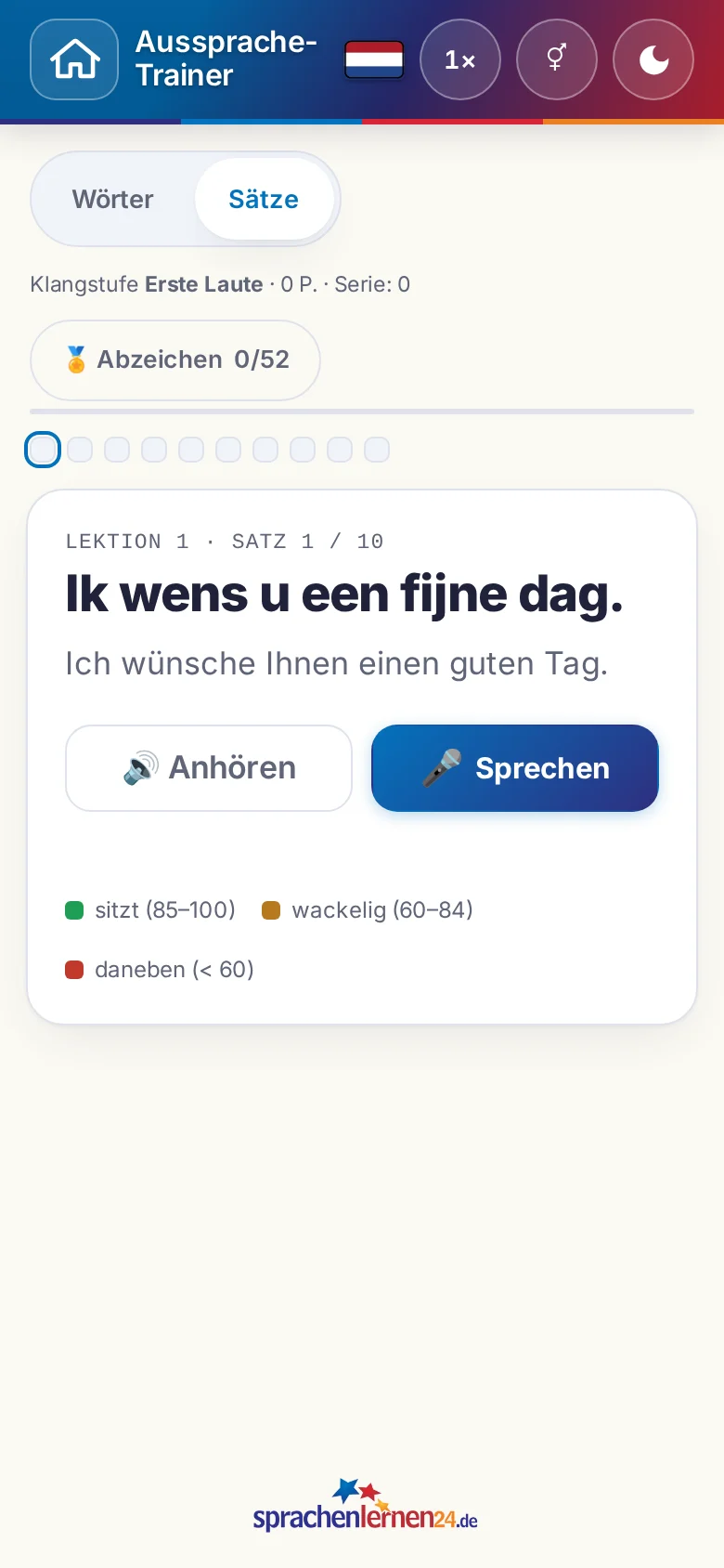 Handy: eine gestartete Aussprache-Übung mit Zielsatz und Bewertungslegende.