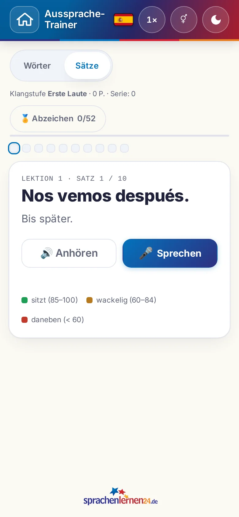 Handy: eine gestartete Aussprache-&Uuml;bung mit Zielsatz und Bewertungslegende.
