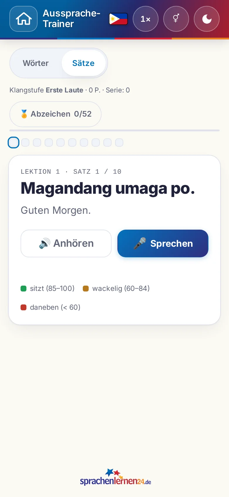 Handy: eine gestartete Aussprache-&Uuml;bung mit Zielsatz und Bewertungslegende.