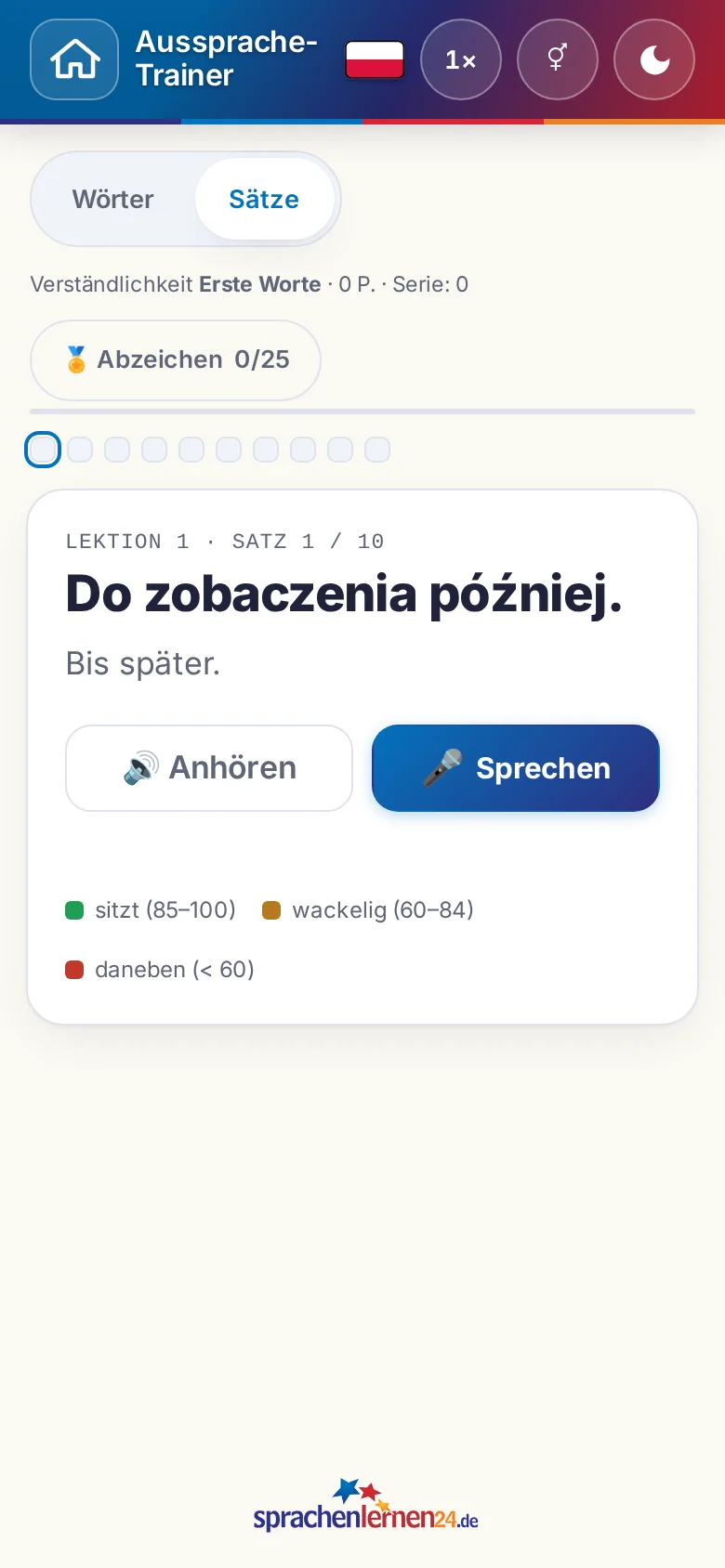 Handy: eine gestartete Aussprache-Übung mit Zielsatz und Bewertungslegende.
