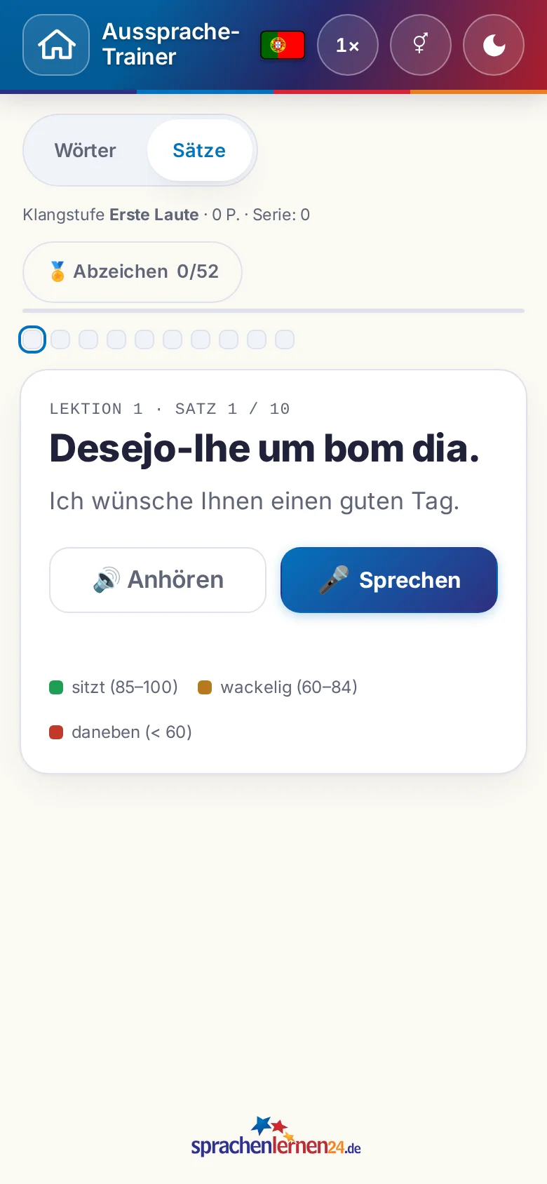 Handy: eine gestartete Aussprache-Übung mit Zielsatz und Bewertungslegende.