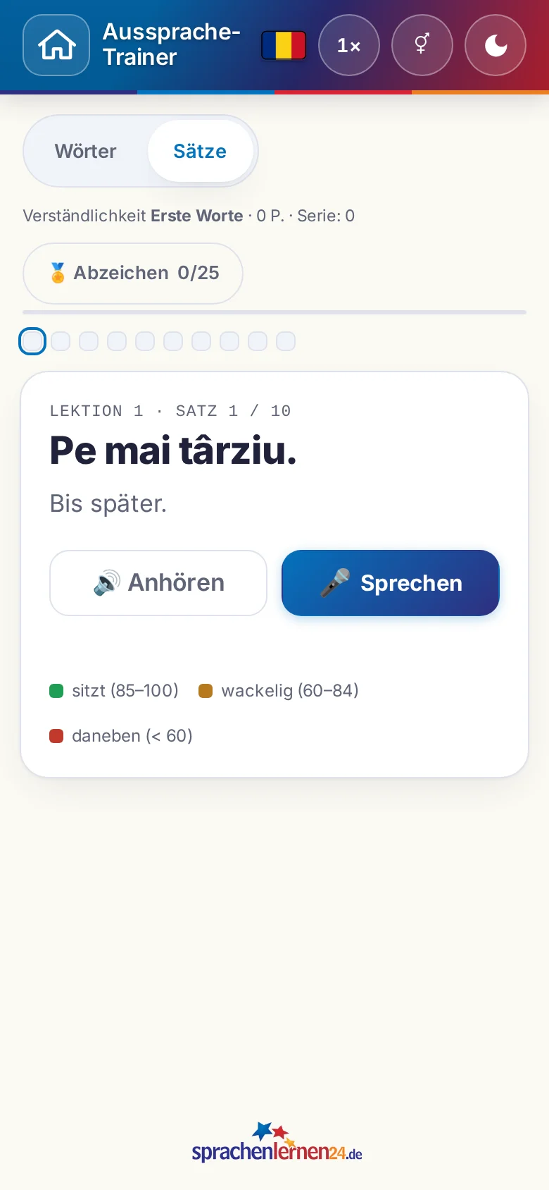 Handy: eine gestartete Aussprache-Übung mit Zielsatz und Bewertungslegende.