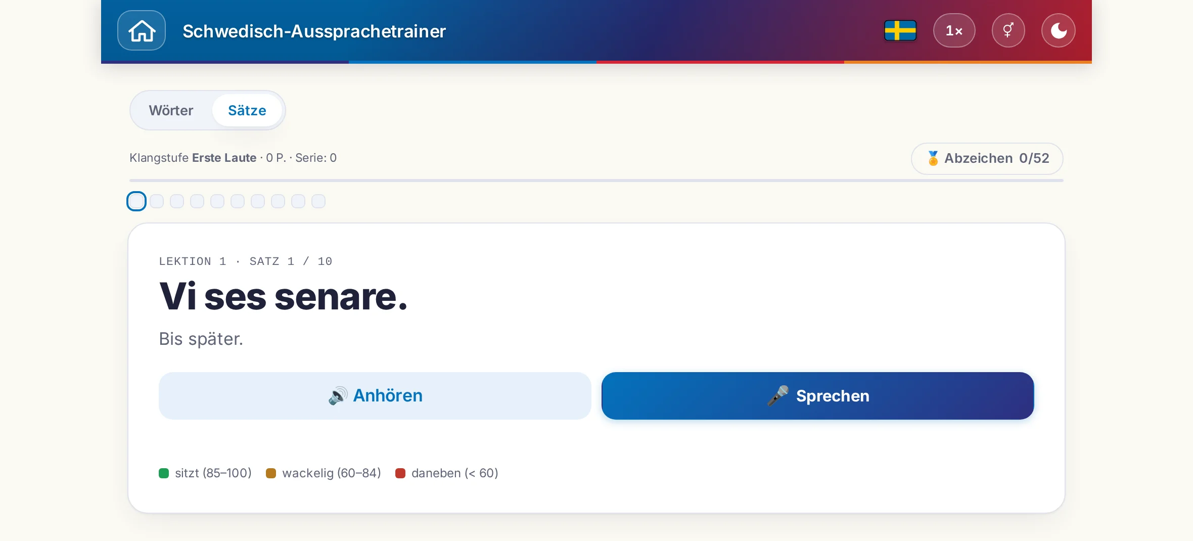 Eine gestartete Aussprache-&Uuml;bung: der Zielsatz, seine Bedeutung, Anh&ouml;ren und Sprechen sowie die Farblegende der Bewertung.