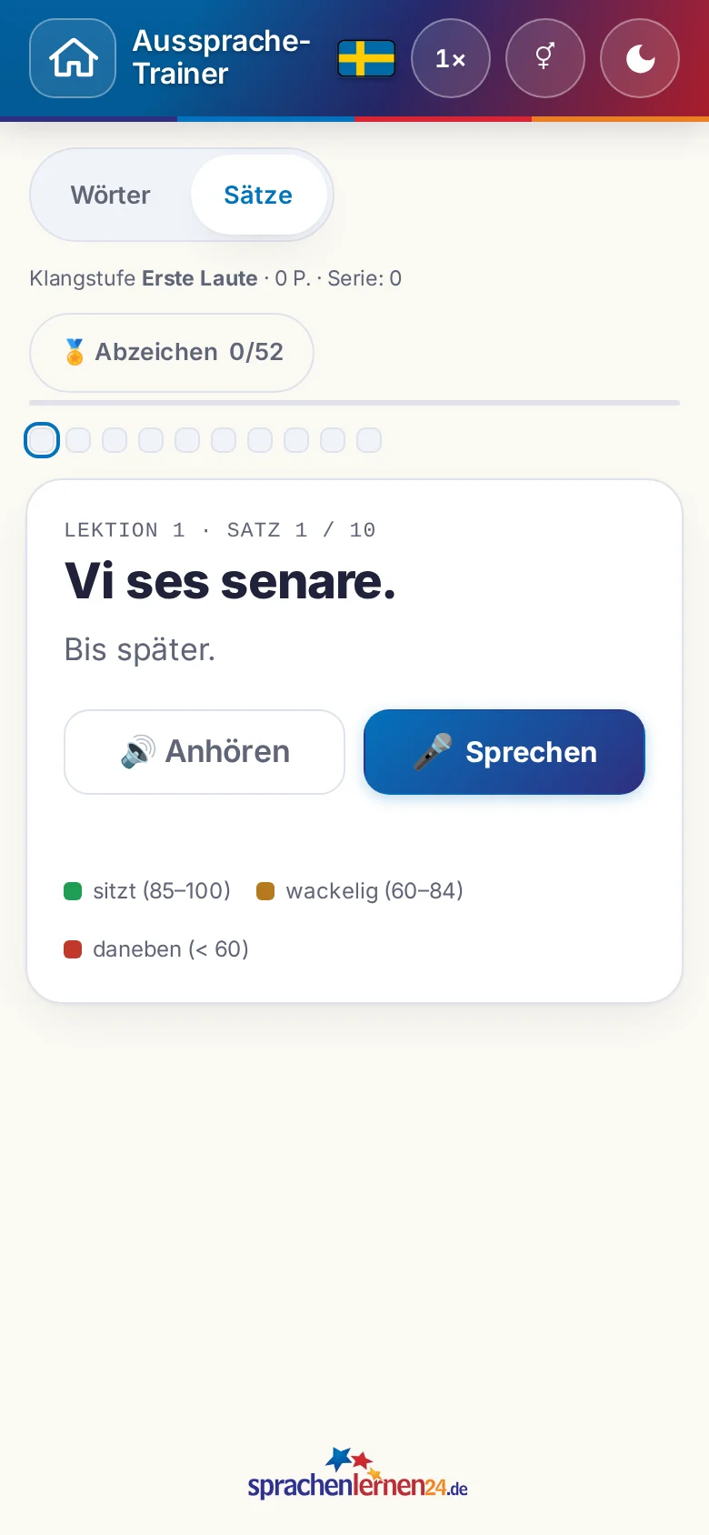 Handy: eine gestartete Aussprache-Übung mit Zielsatz und Bewertungslegende.