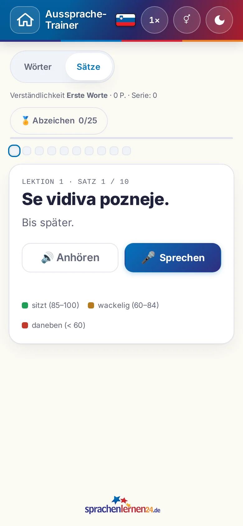 Handy: eine gestartete Aussprache-&Uuml;bung mit Zielsatz und Bewertungslegende.