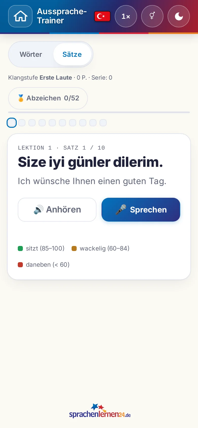 Handy: eine gestartete Aussprache-Übung mit Zielsatz und Bewertungslegende.