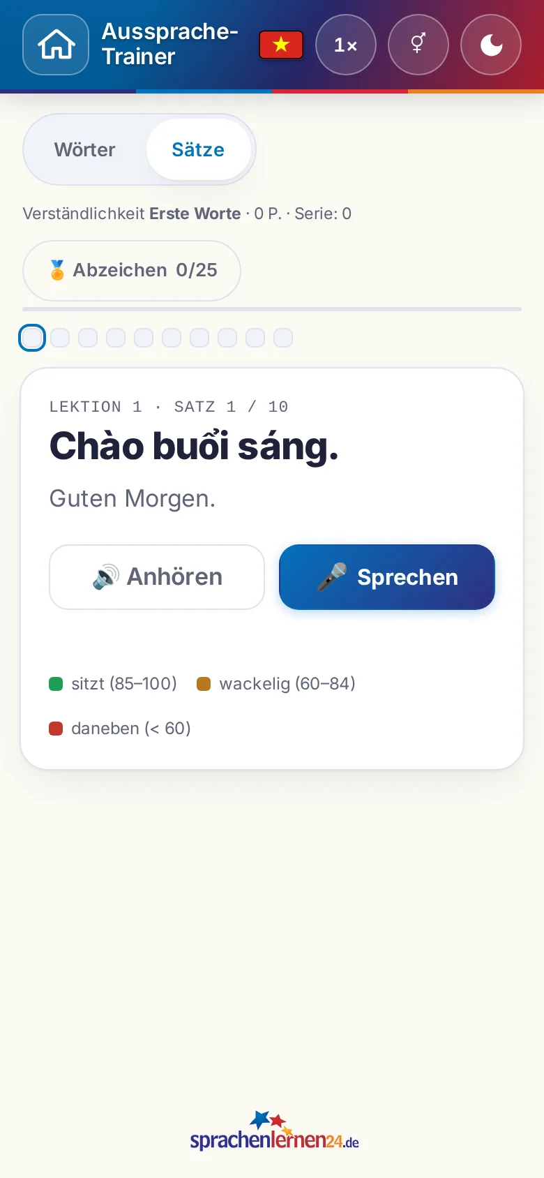 Handy: eine gestartete Aussprache-&Uuml;bung mit Zielsatz und Bewertungslegende.