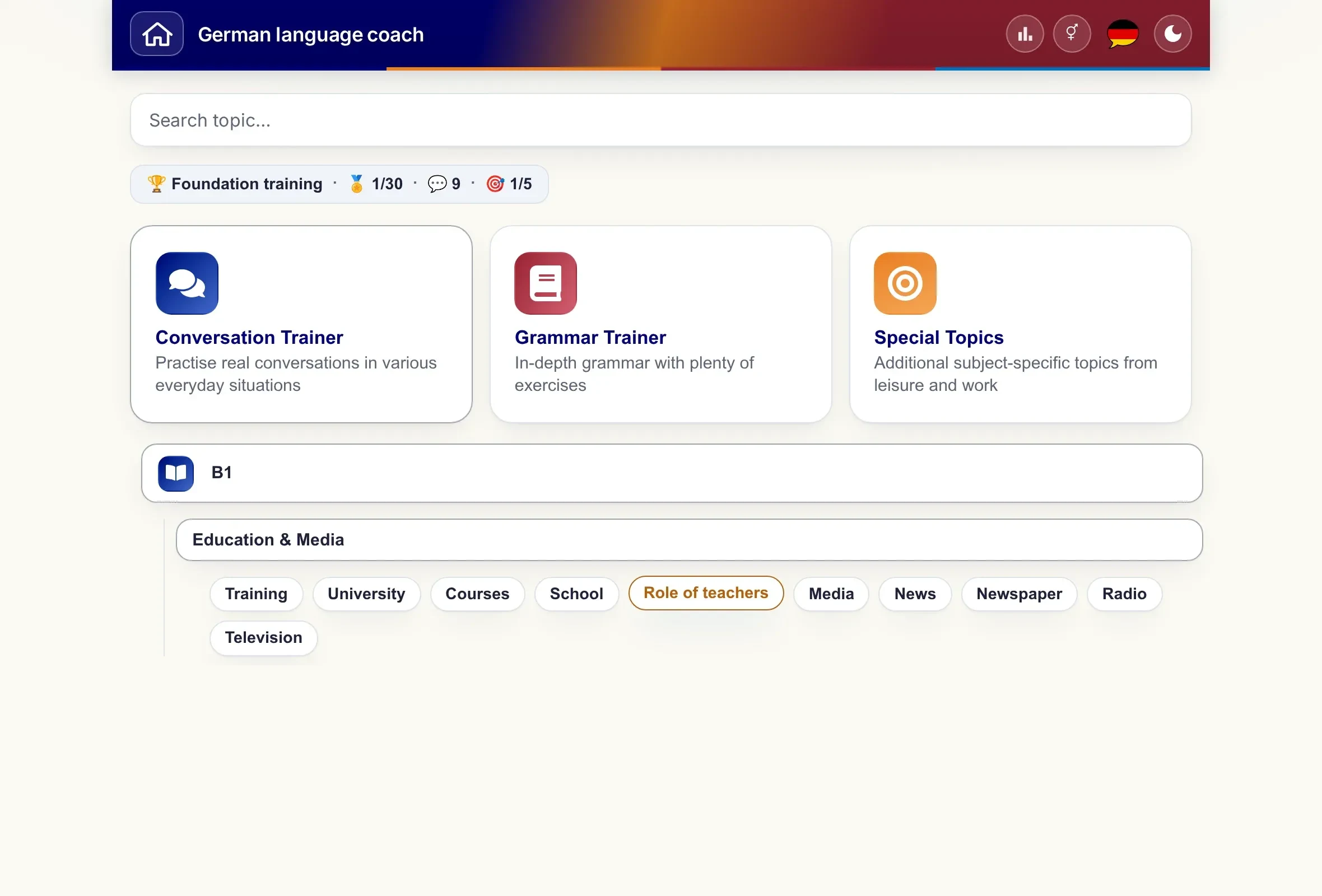 The Coach with the topic menu expanded: level, topic world and individual topics.