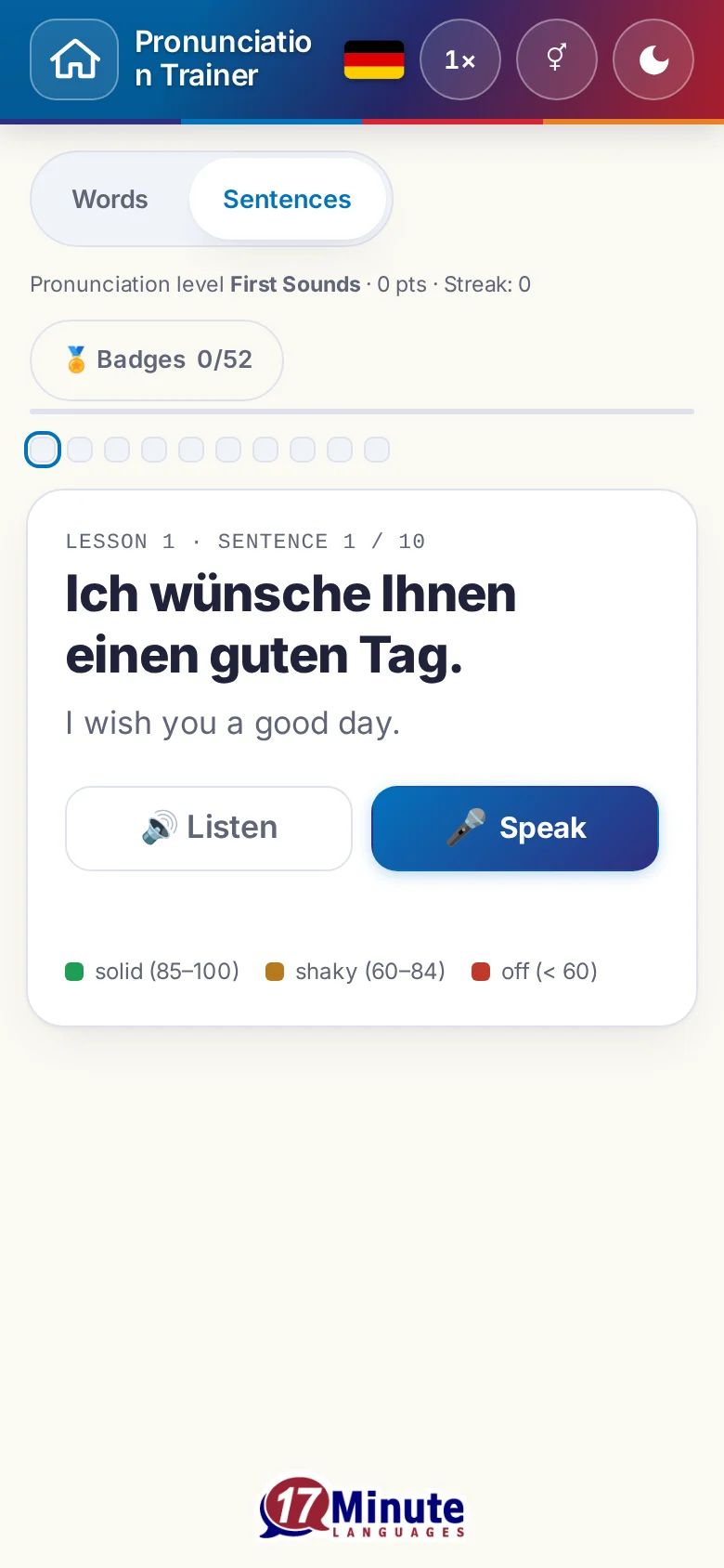 Phone: a pronunciation exercise in progress with target sentence and scoring key.
