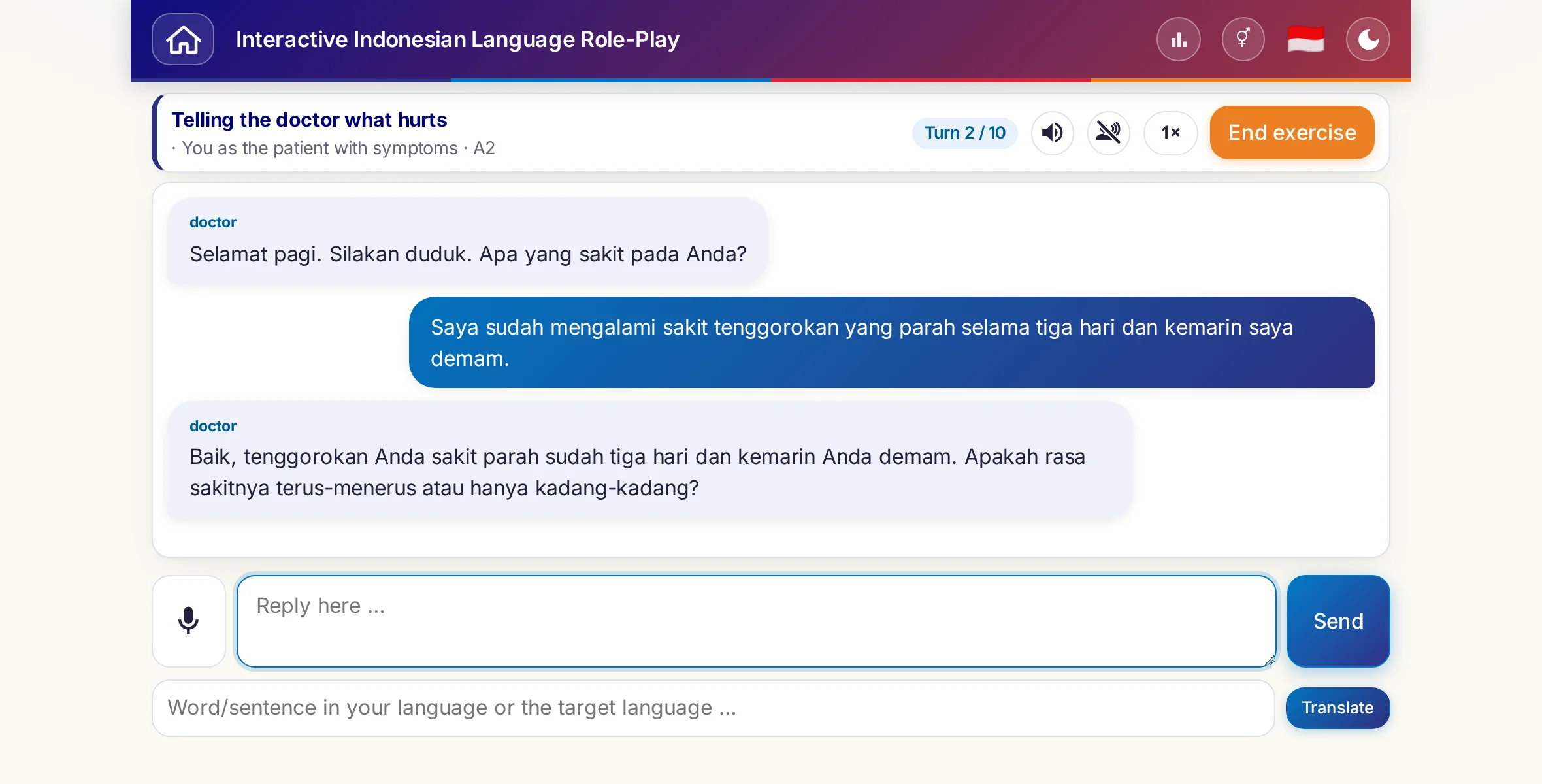 A role-play in conversation: the doctor asks about the level of pain, fever and how the day went, the learner answers freely and finally asks for a prescription.