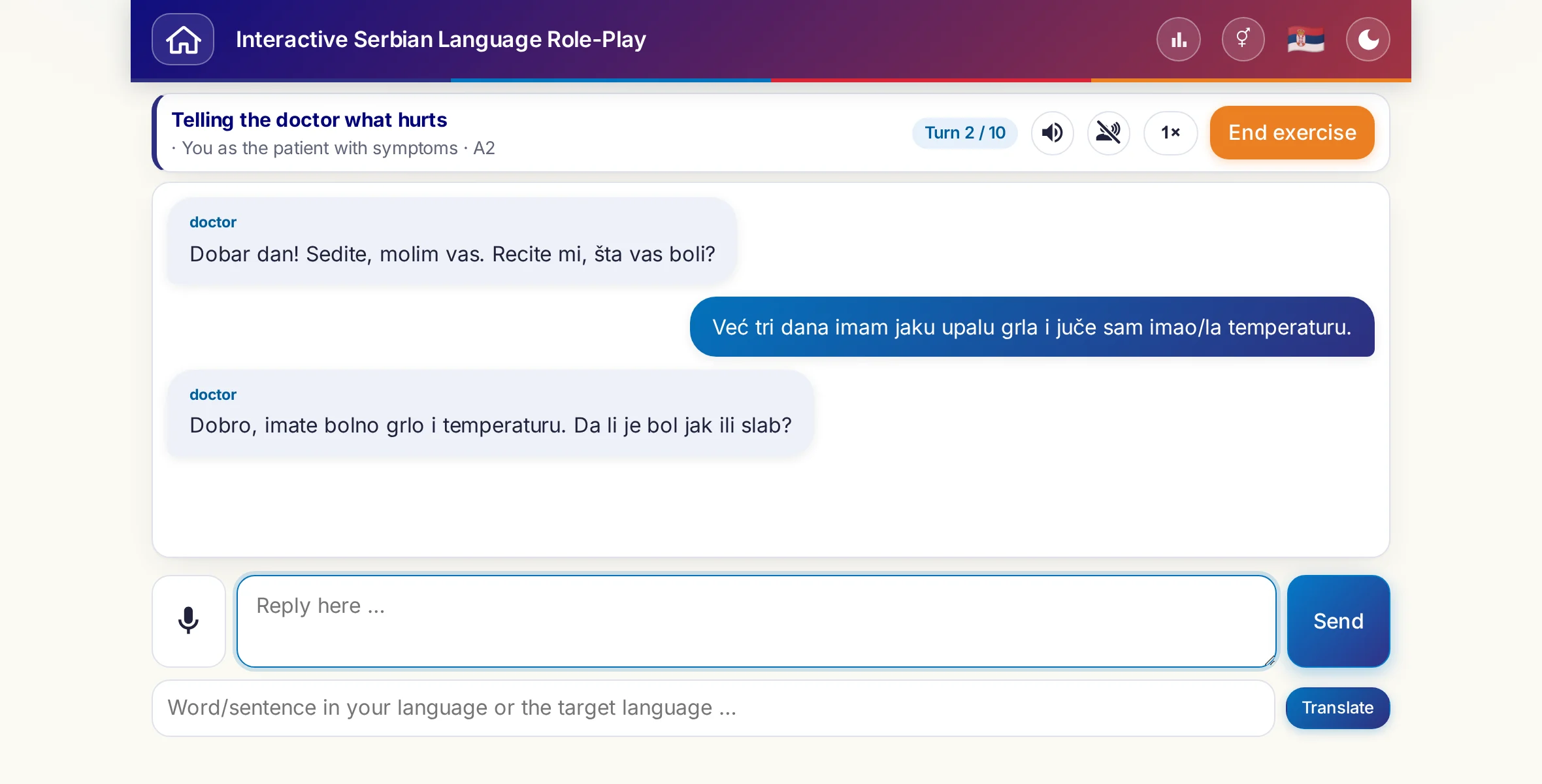 A role-play in conversation: the doctor asks about the level of pain, fever and how the day went, the learner answers freely and finally asks for a prescription.
