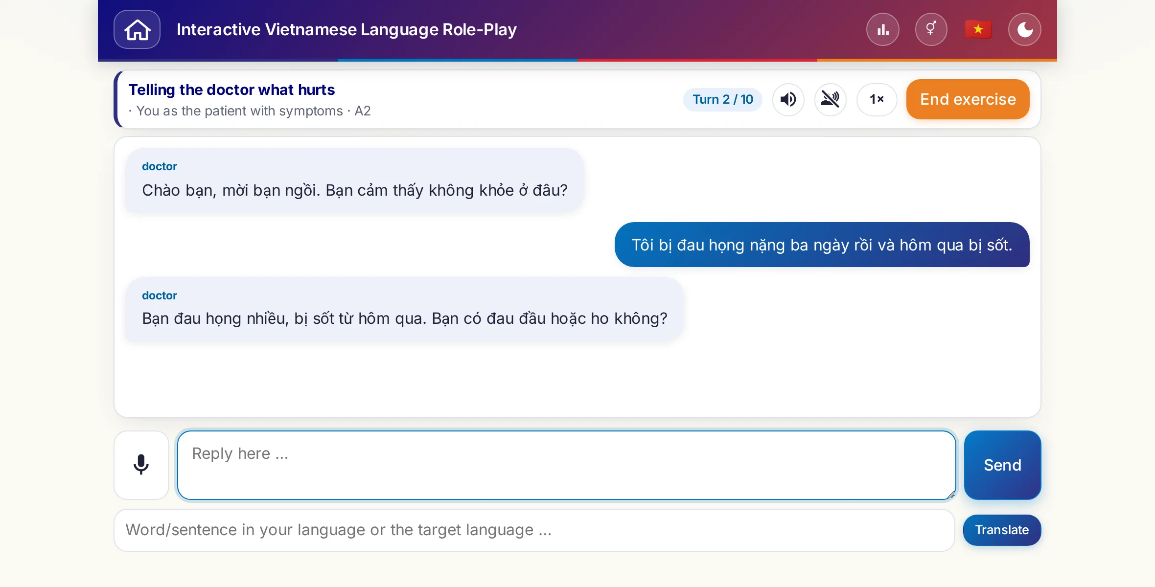 A role-play in conversation: the doctor asks about the level of pain, fever and how the day went, the learner answers freely and finally asks for a prescription.
