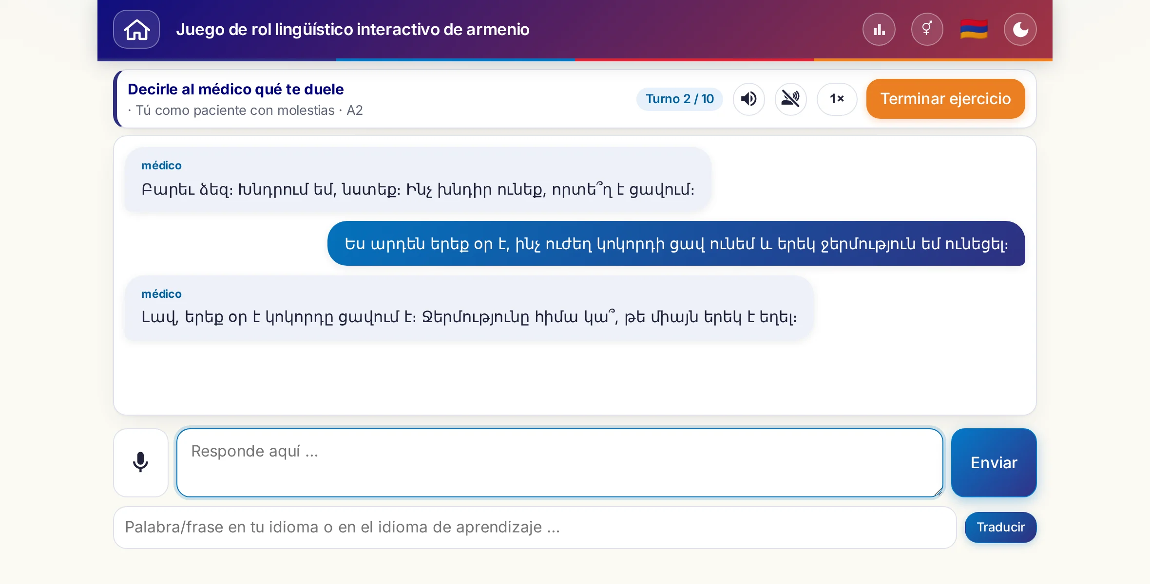Un juego de rol en plena conversación: la médica pregunta por la intensidad del dolor, la fiebre y cómo evoluciona a lo largo del día; quien aprende responde con libertad y al final pide una receta.
