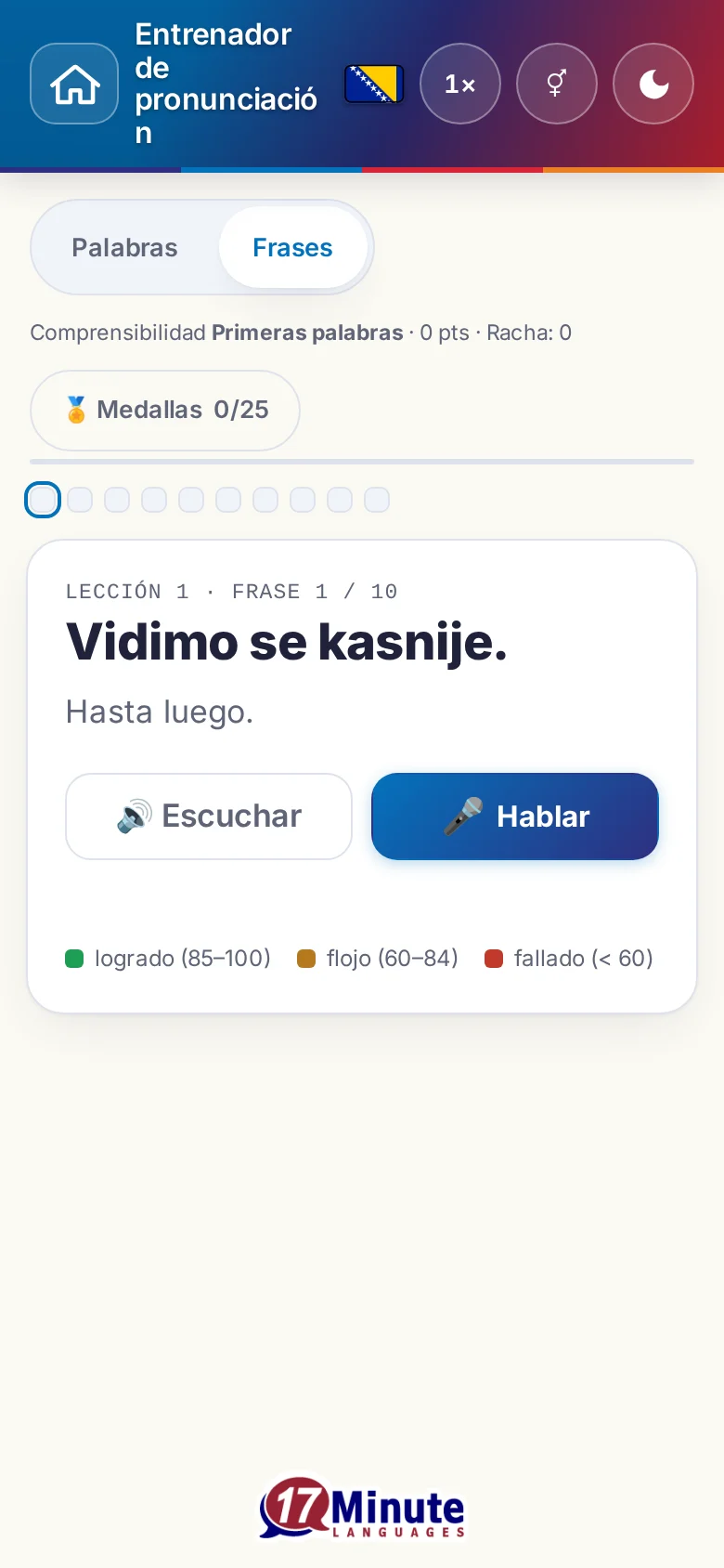 Móvil: un ejercicio de pronunciación en marcha con la frase objetivo y la leyenda de la valoración.