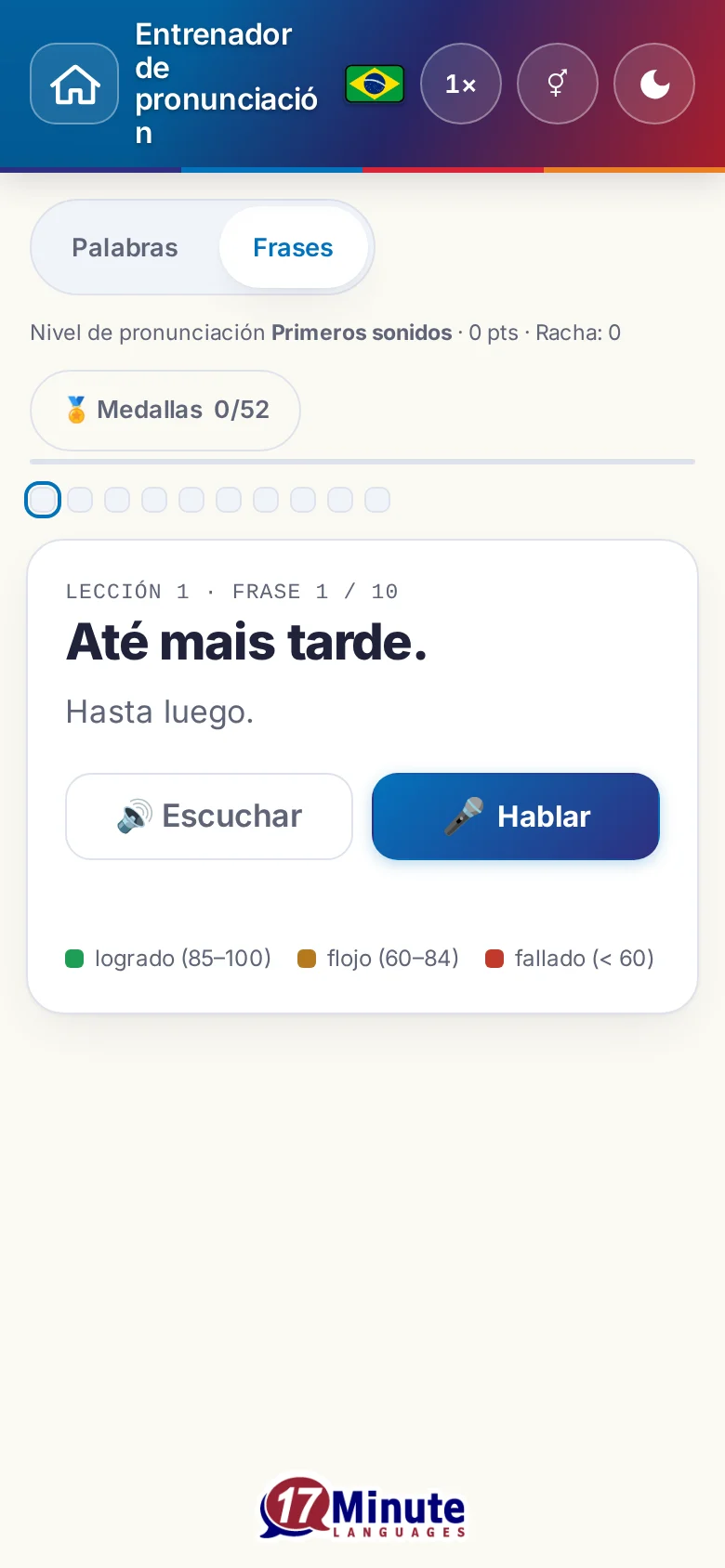Móvil: un ejercicio de pronunciación en marcha con la frase objetivo y la leyenda de la valoración.