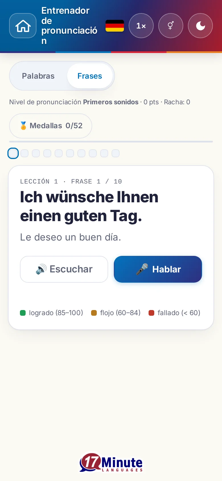 Móvil: un ejercicio de pronunciación en marcha con la frase objetivo y la leyenda de la valoración.
