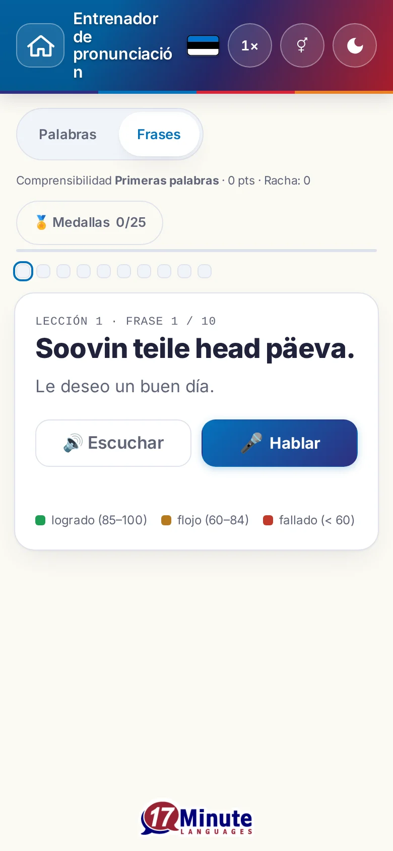Móvil: un ejercicio de pronunciación en marcha con la frase objetivo y la leyenda de la valoración.