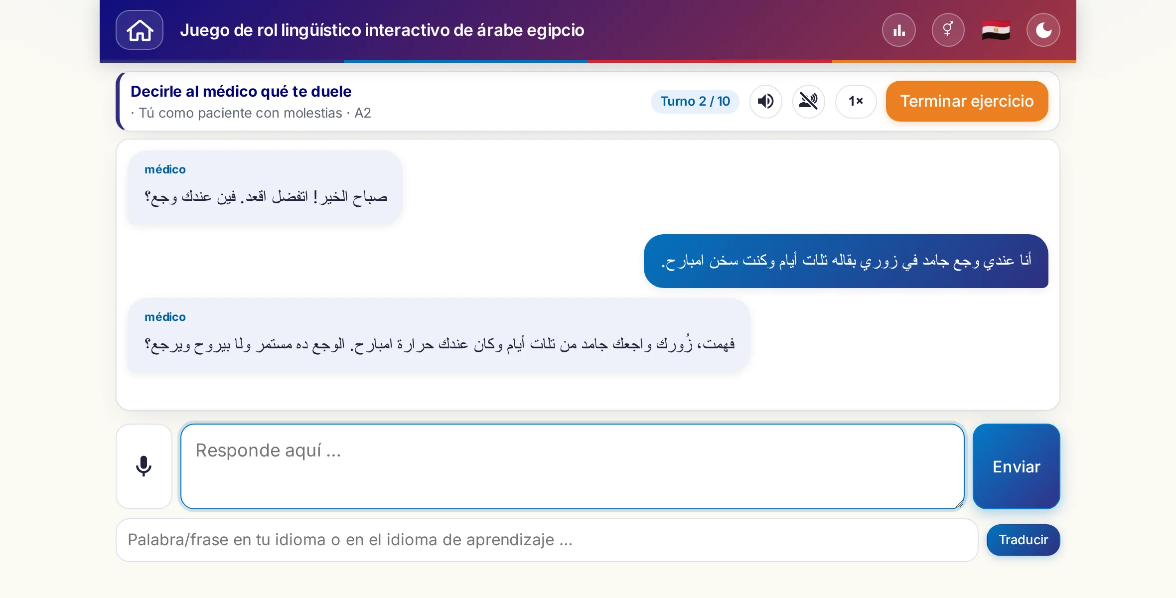 Un juego de rol en plena conversación: la médica pregunta por la intensidad del dolor, la fiebre y cómo evoluciona a lo largo del día; quien aprende responde con libertad y al final pide una receta.