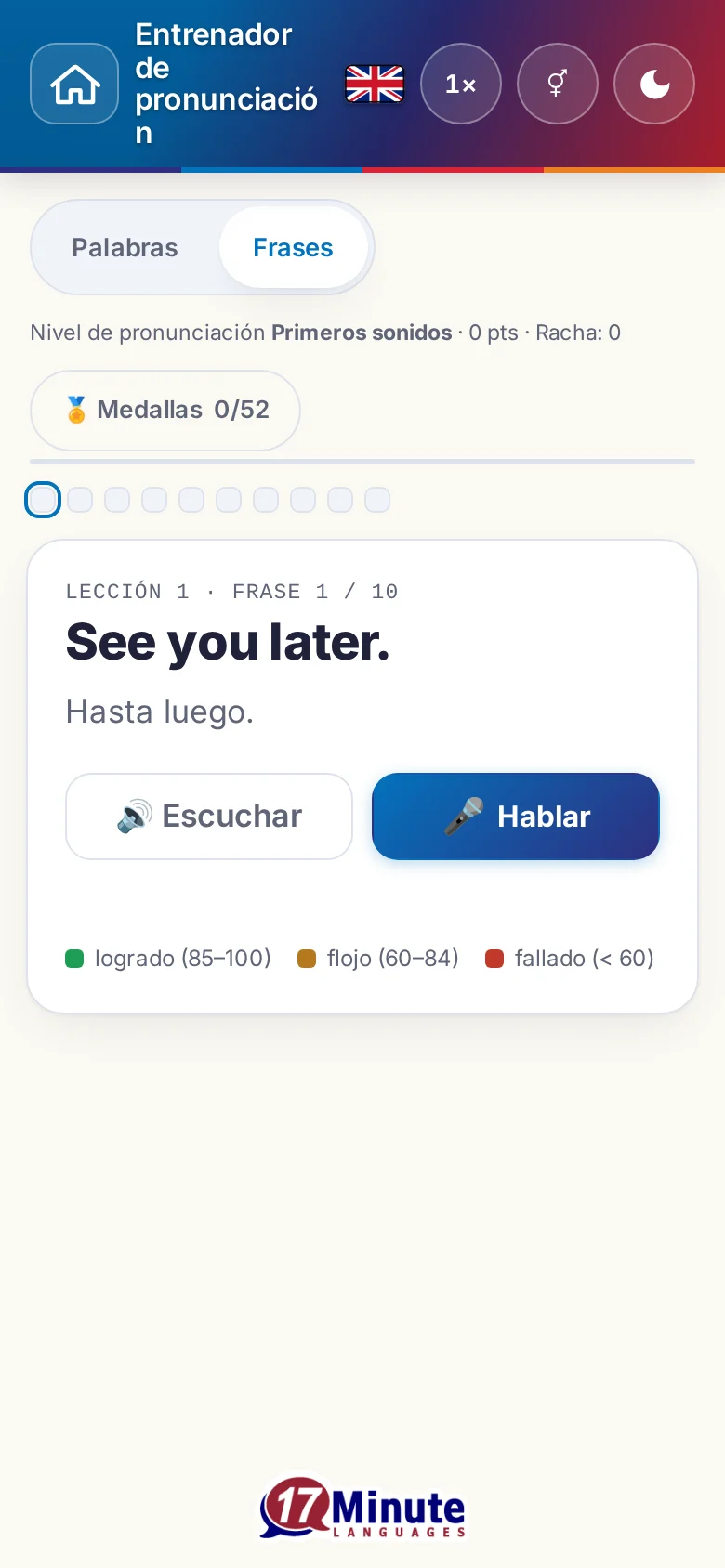 Móvil: un ejercicio de pronunciación en marcha con la frase objetivo y la leyenda de la valoración.