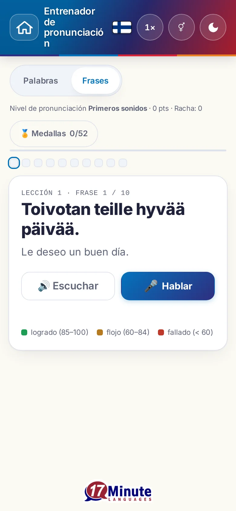 Móvil: un ejercicio de pronunciación en marcha con la frase objetivo y la leyenda de la valoración.