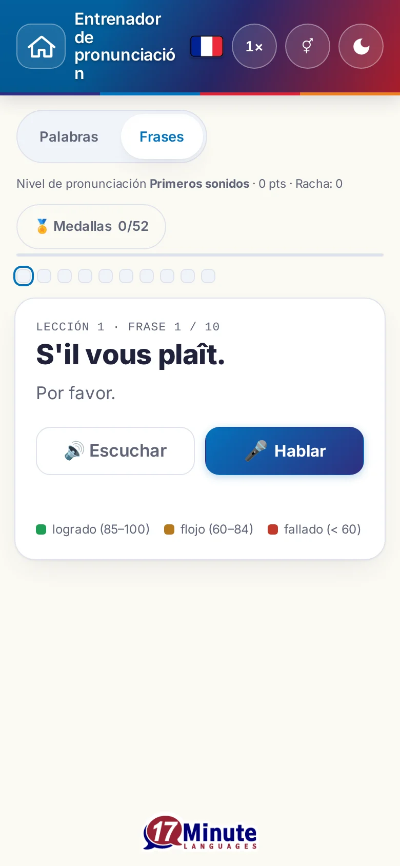Móvil: un ejercicio de pronunciación en marcha con la frase objetivo y la leyenda de la valoración.