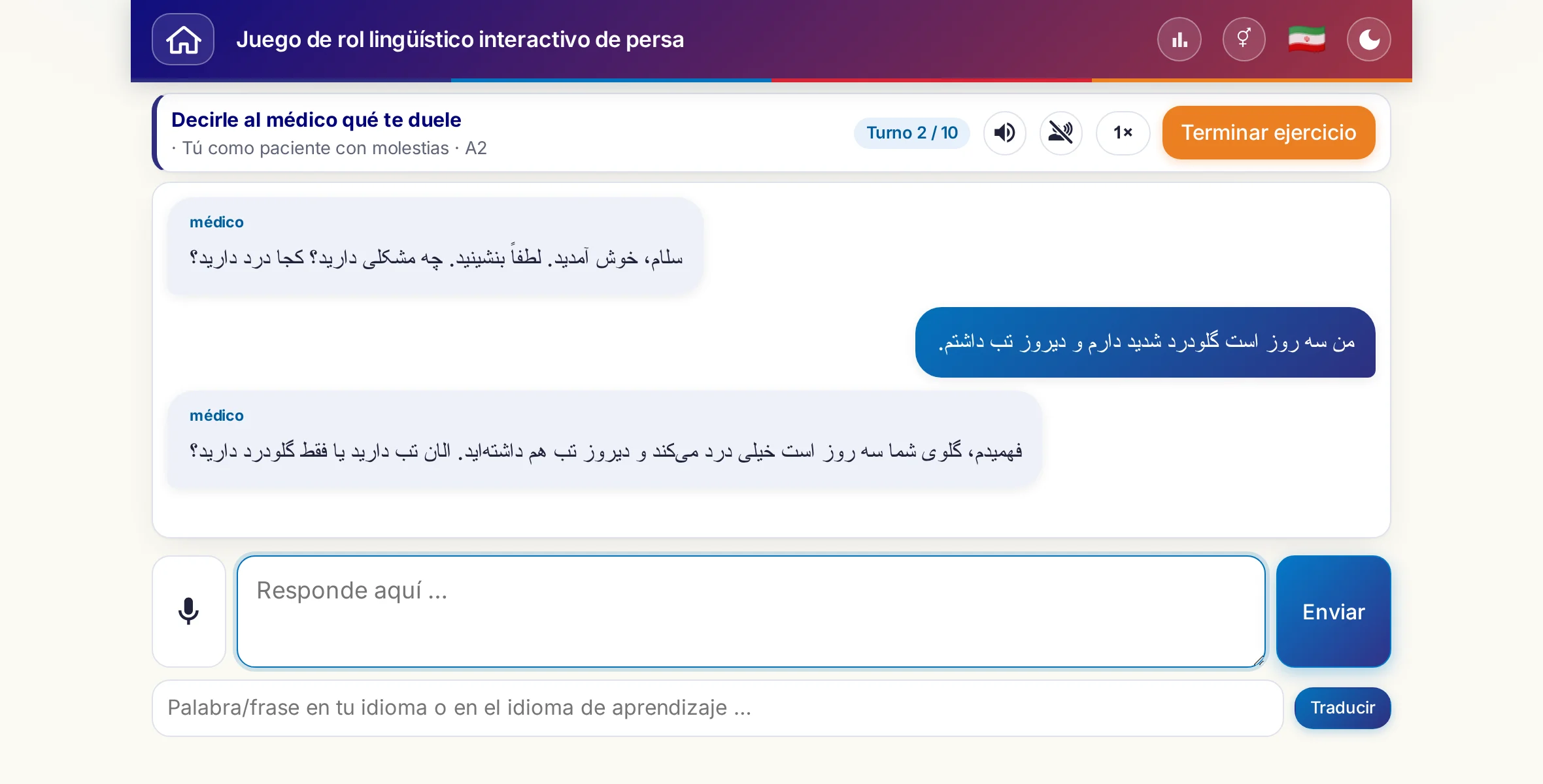 Un juego de rol en plena conversación: la médica pregunta por la intensidad del dolor, la fiebre y cómo evoluciona a lo largo del día; quien aprende responde con libertad y al final pide una receta.