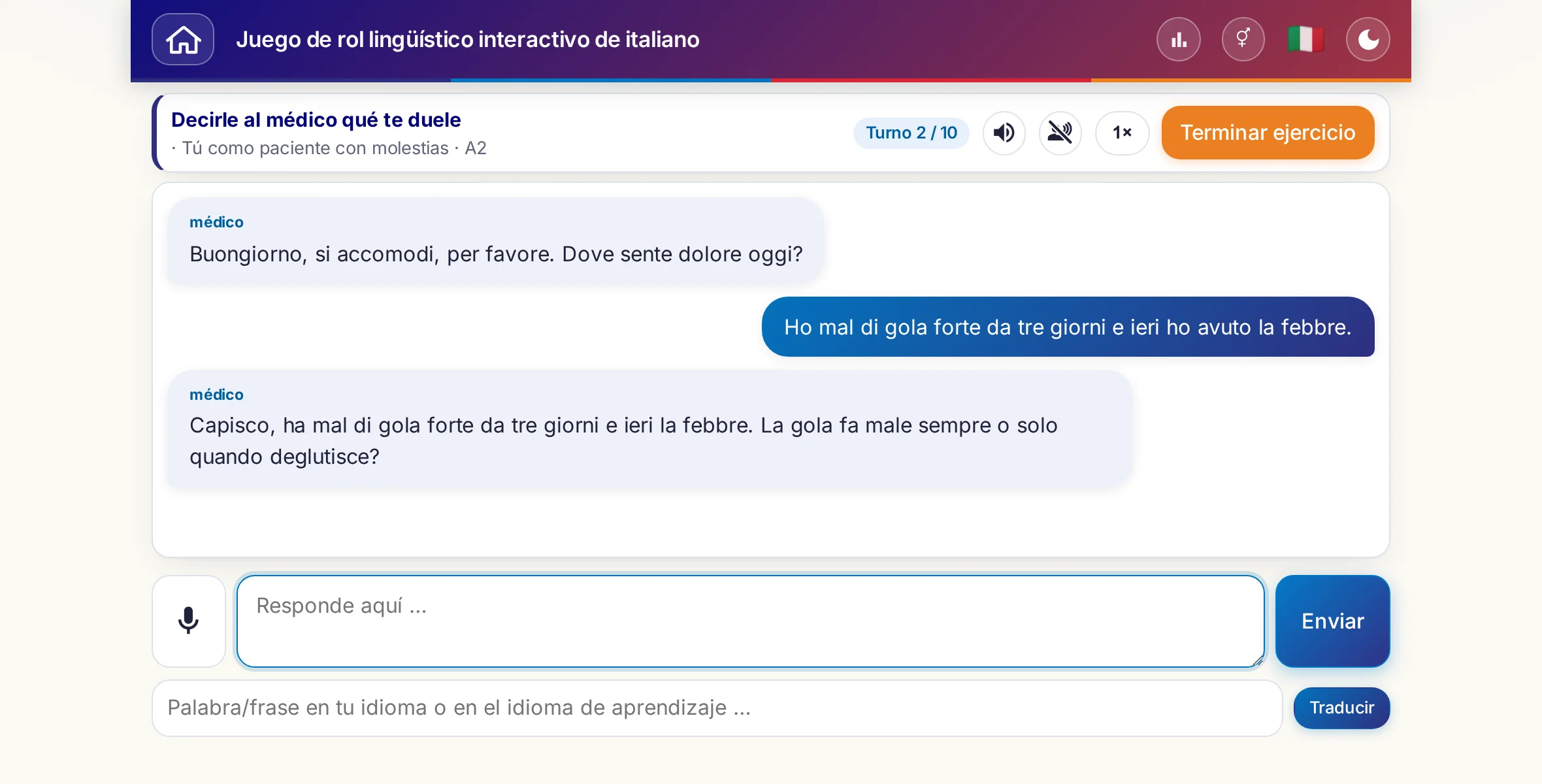 Un juego de rol en plena conversación: la médica pregunta por la intensidad del dolor, la fiebre y cómo evoluciona a lo largo del día; quien aprende responde con libertad y al final pide una receta.