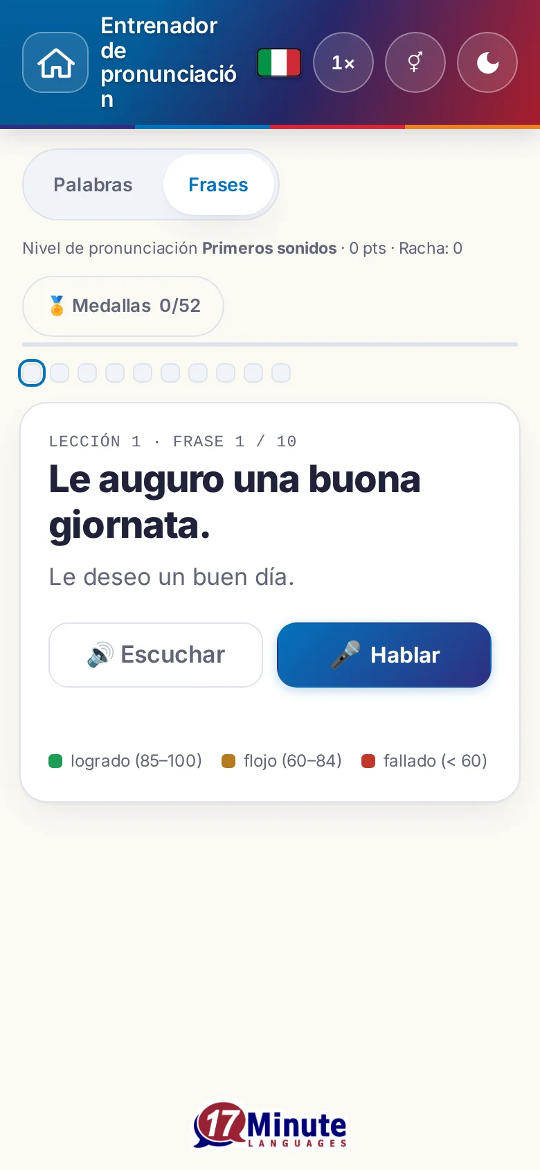 Móvil: un ejercicio de pronunciación en marcha con la frase objetivo y la leyenda de la valoración.
