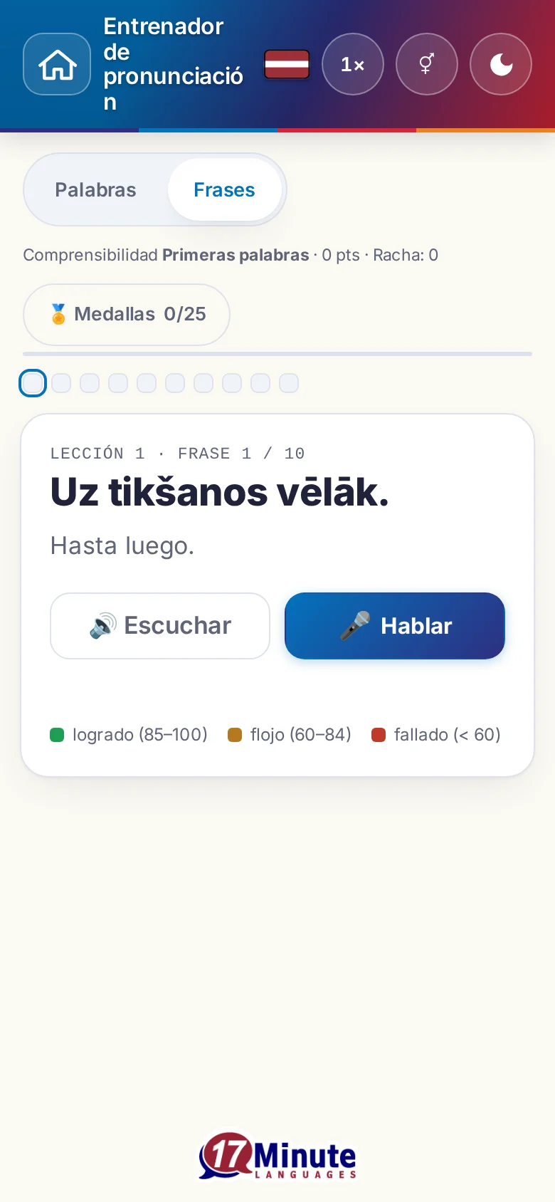Móvil: un ejercicio de pronunciación en marcha con la frase objetivo y la leyenda de la valoración.