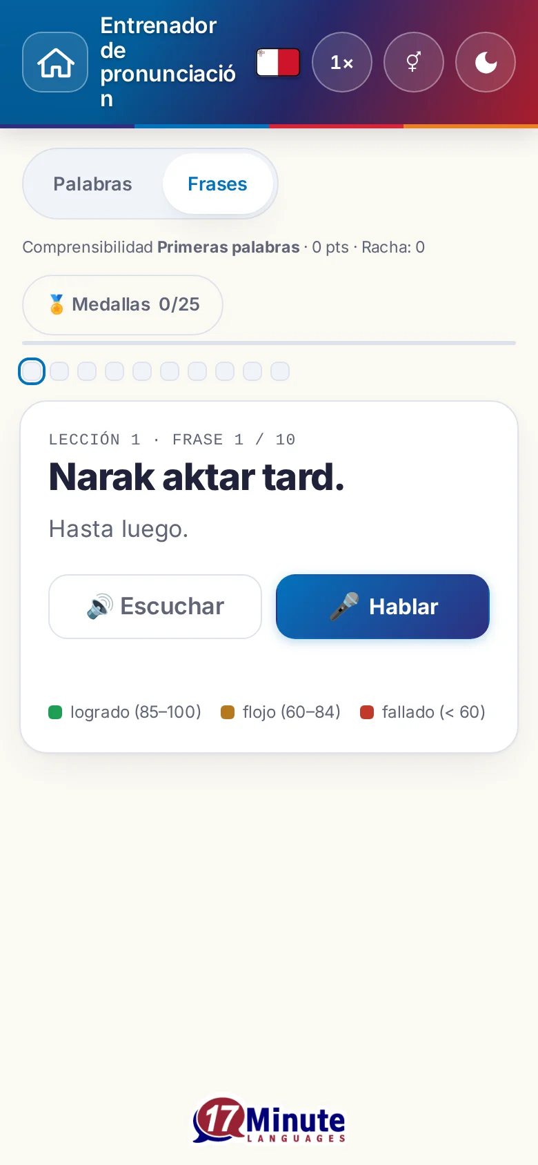 Móvil: un ejercicio de pronunciación en marcha con la frase objetivo y la leyenda de la valoración.