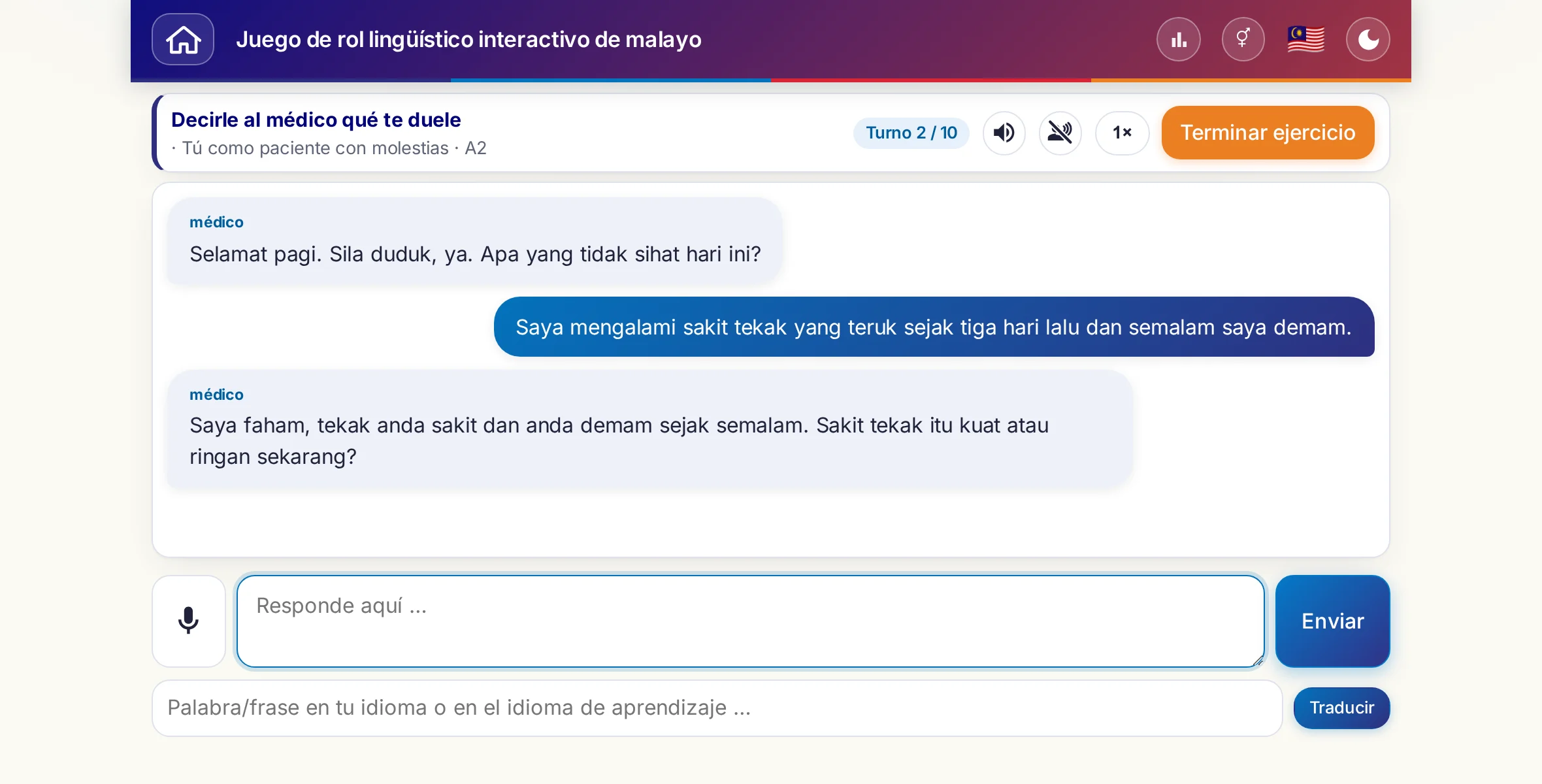 Un juego de rol en plena conversación: la médica pregunta por la intensidad del dolor, la fiebre y cómo evoluciona a lo largo del día; quien aprende responde con libertad y al final pide una receta.