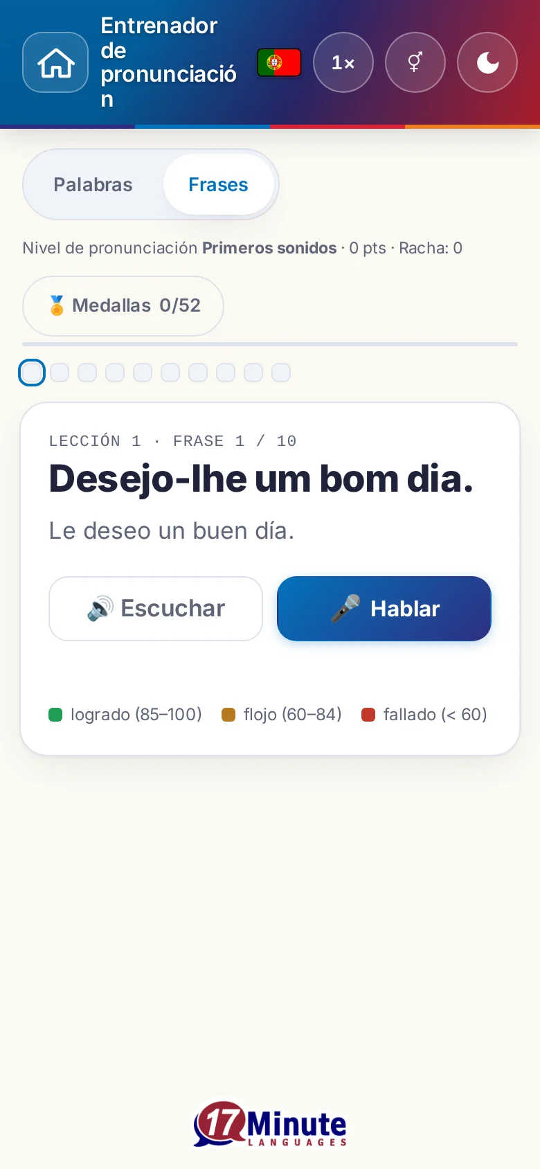 Móvil: un ejercicio de pronunciación en marcha con la frase objetivo y la leyenda de la valoración.
