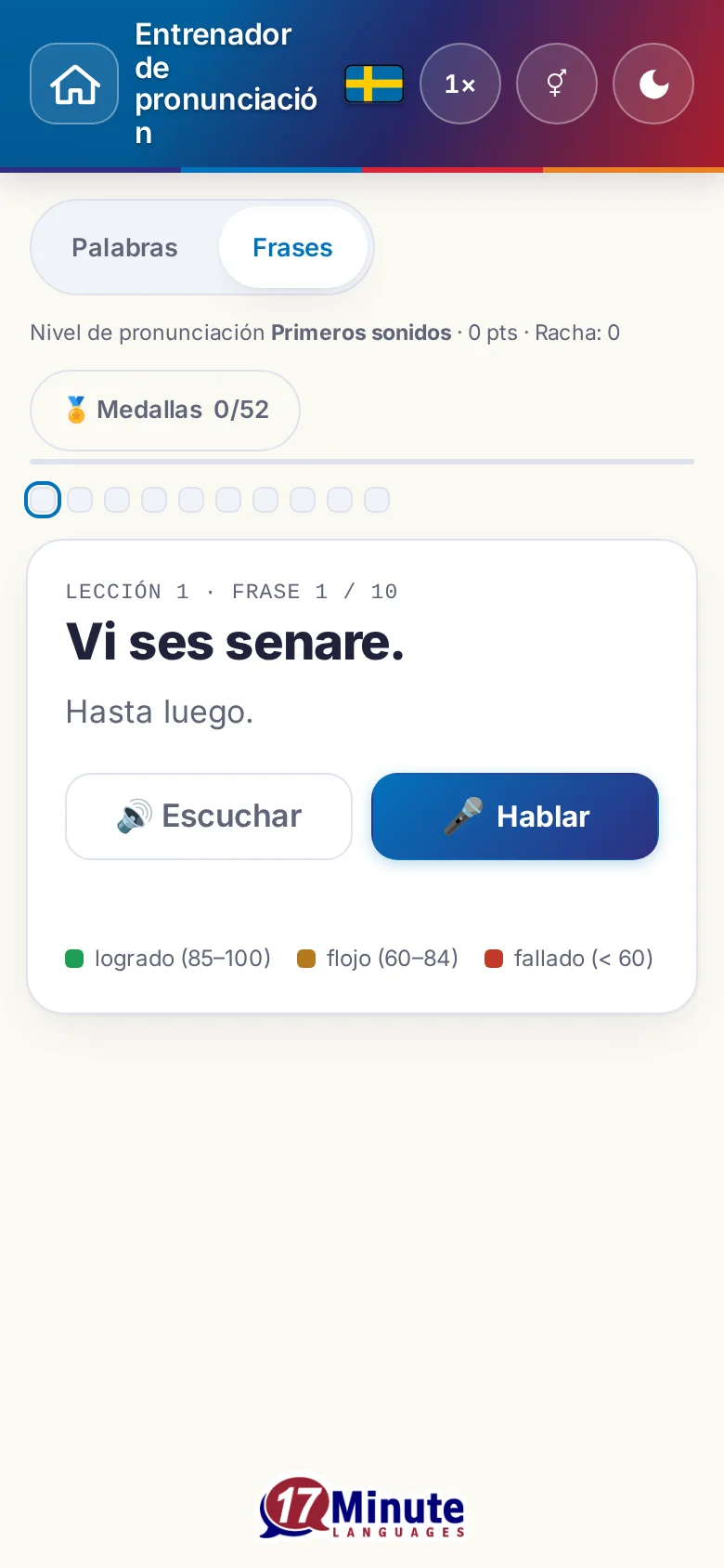 Móvil: un ejercicio de pronunciación en marcha con la frase objetivo y la leyenda de la valoración.