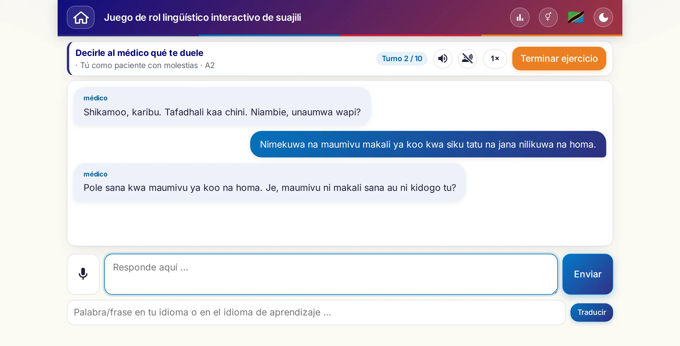 Un juego de rol en plena conversación: la médica pregunta por la intensidad del dolor, la fiebre y cómo evoluciona a lo largo del día; quien aprende responde con libertad y al final pide una receta.