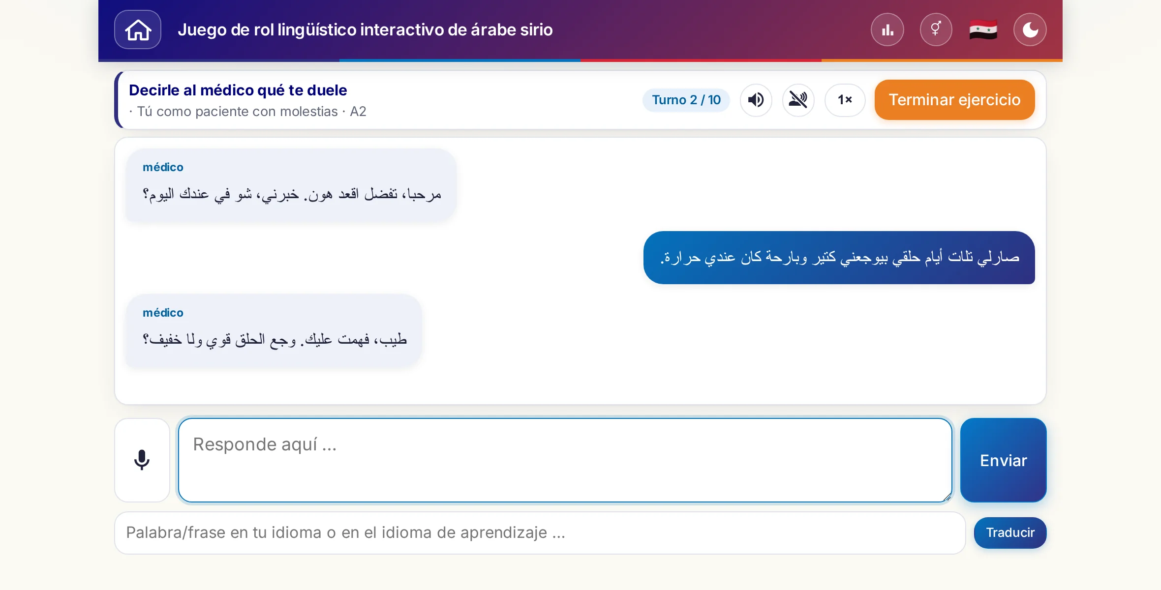 Un juego de rol en plena conversación: la médica pregunta por la intensidad del dolor, la fiebre y cómo evoluciona a lo largo del día; quien aprende responde con libertad y al final pide una receta.