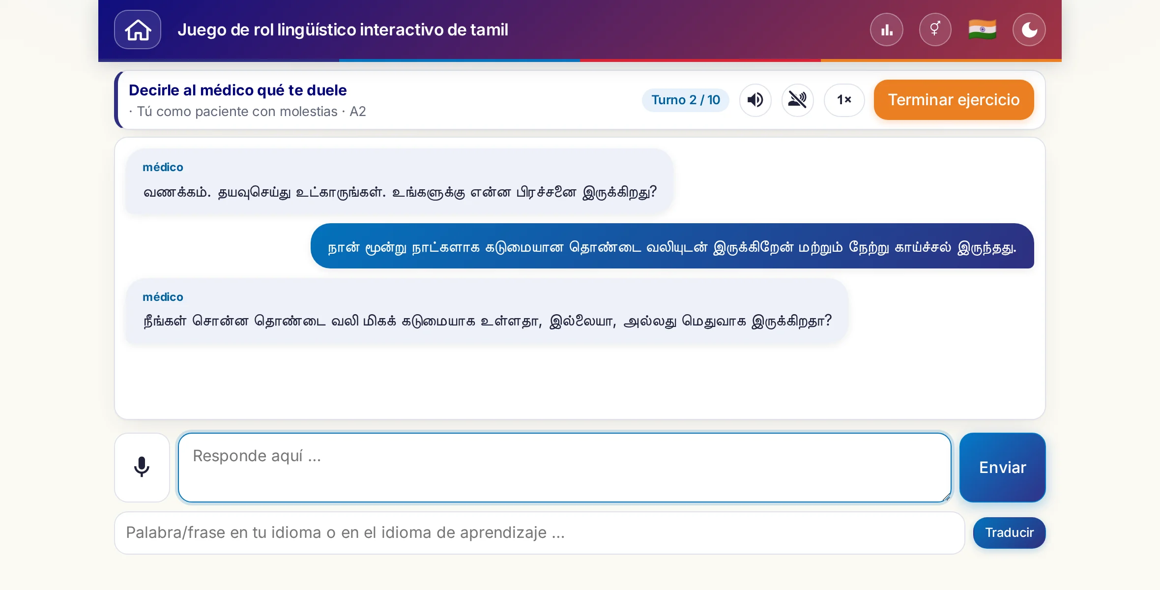 Un juego de rol en plena conversación: la médica pregunta por la intensidad del dolor, la fiebre y cómo evoluciona a lo largo del día; quien aprende responde con libertad y al final pide una receta.