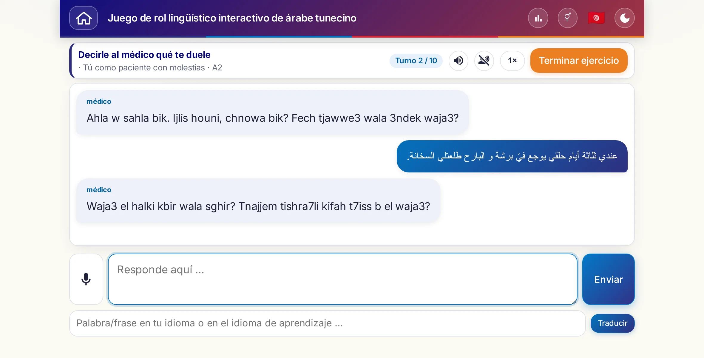 Un juego de rol en plena conversación: la médica pregunta por la intensidad del dolor, la fiebre y cómo evoluciona a lo largo del día; quien aprende responde con libertad y al final pide una receta.