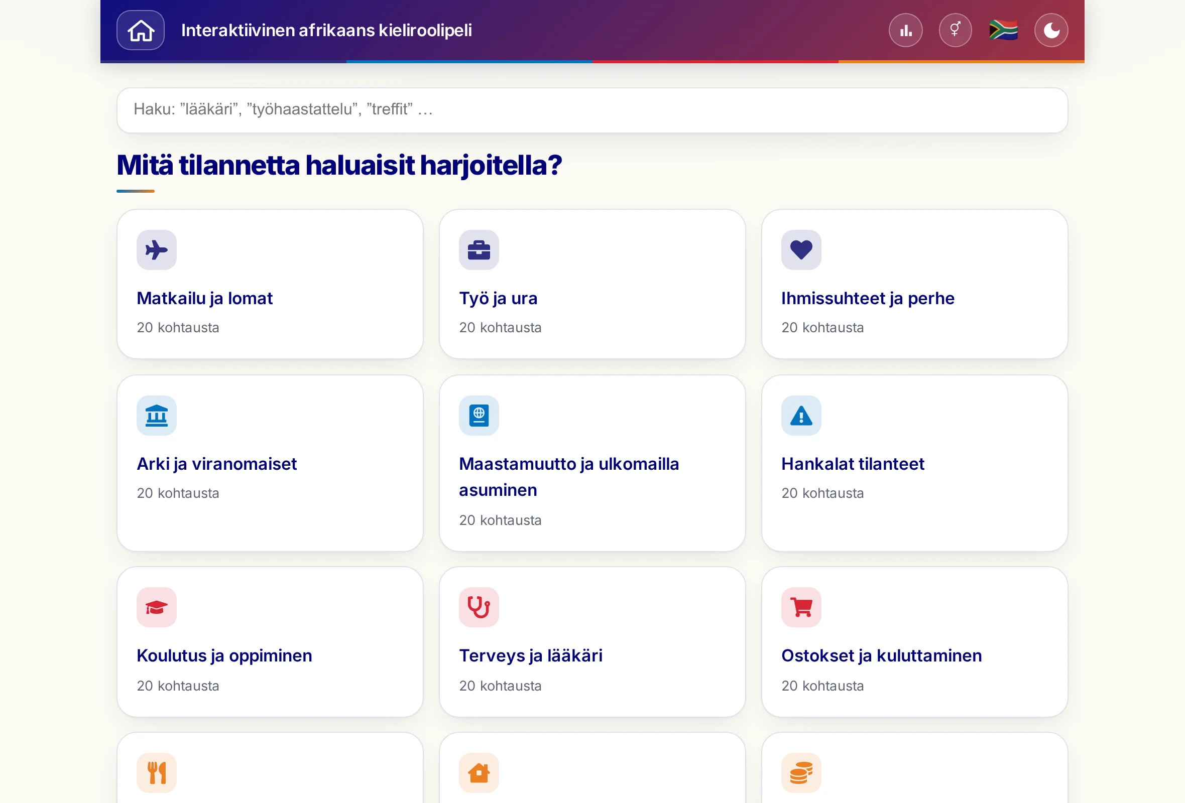 Roolipelit: hakukenttä ja 15 elämäntilannetta.