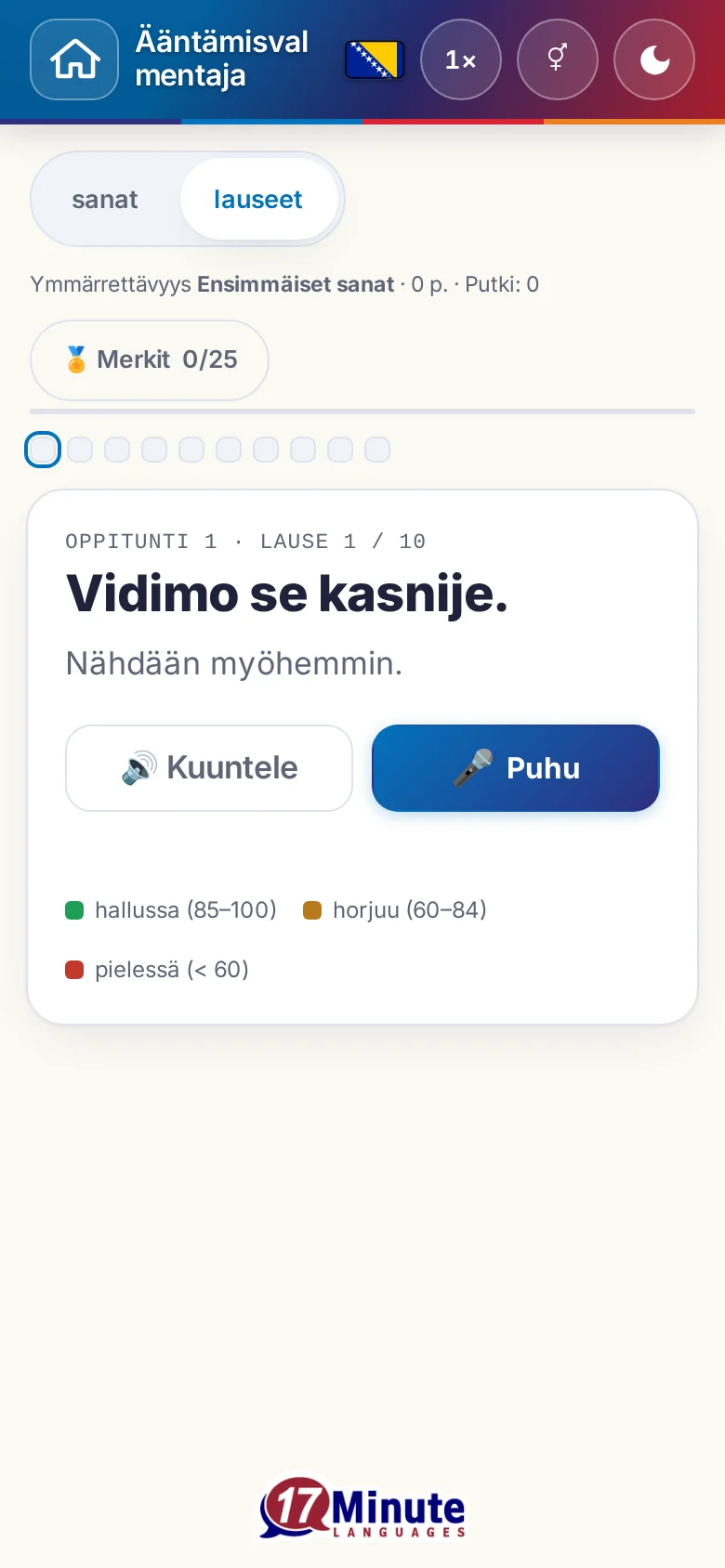 Puhelin: käynnistetty ääntämisharjoitus kohdelauseineen ja arvioinnin väriselitteineen.