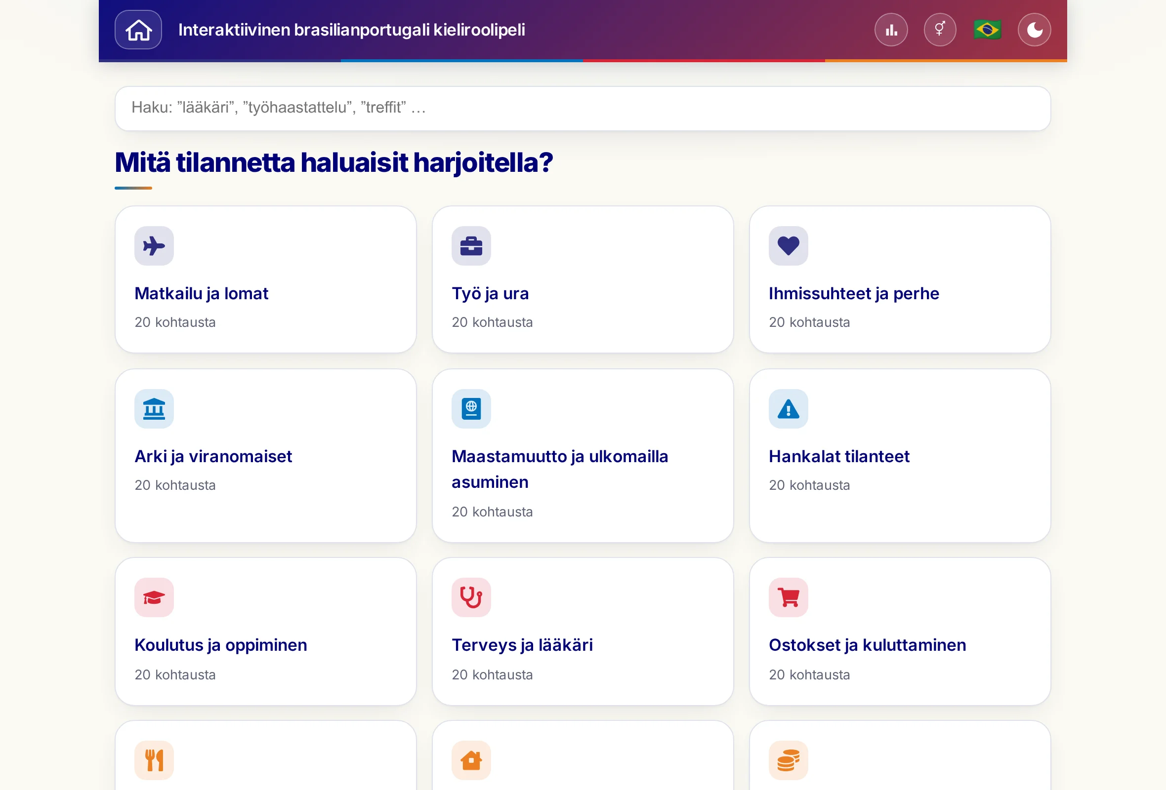 Roolipelit: hakukenttä ja 15 elämäntilannetta.